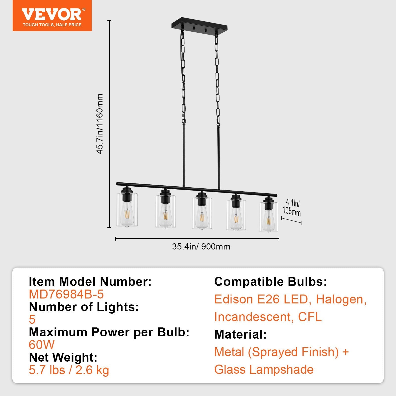 VEVOR 5-Light Kitchen Island Pendant Lights 60W Adjustable Dining Room Light E26 