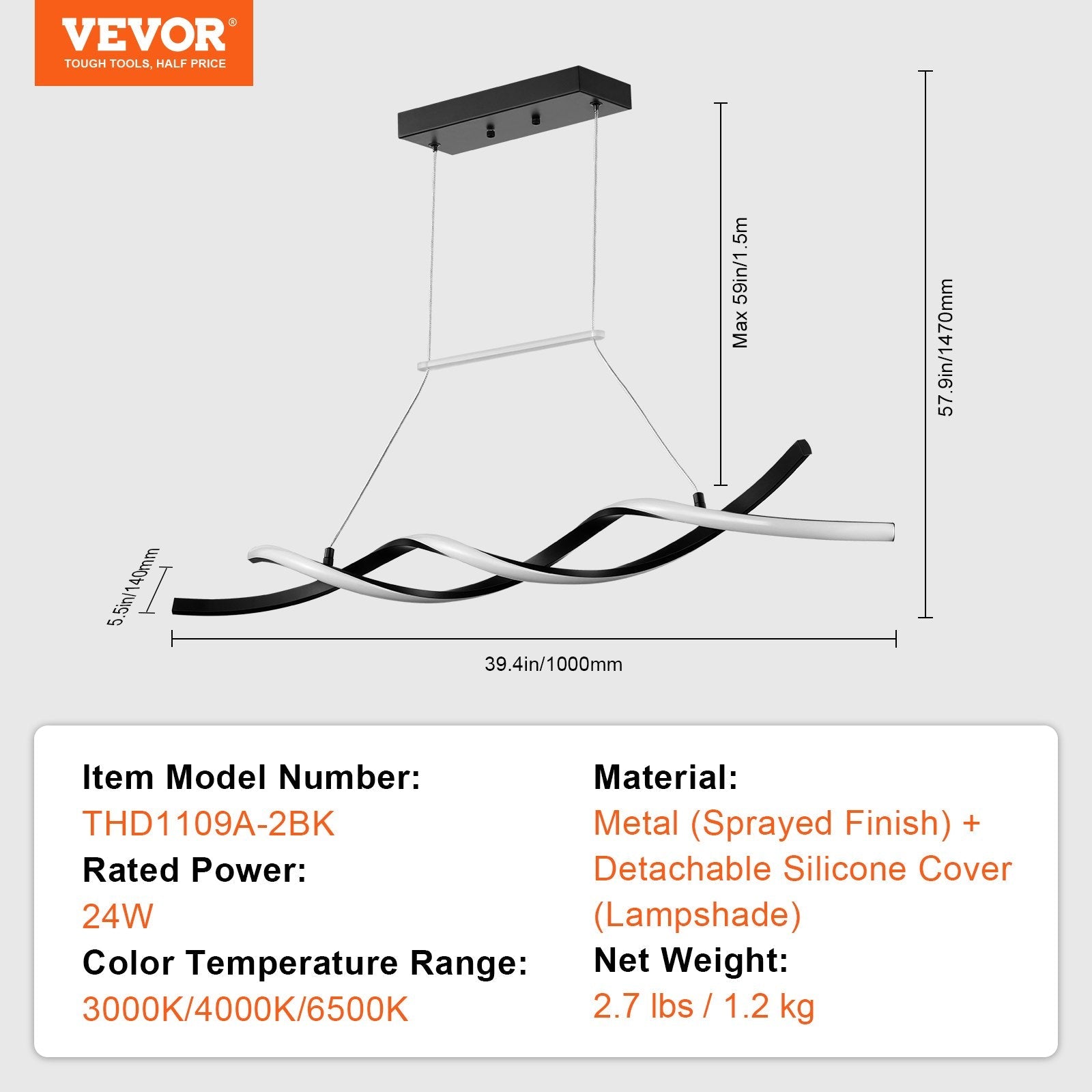 VEVOR Modern Chandelier Light Fixtures Dimmable LED Pendant Light Remote Control 