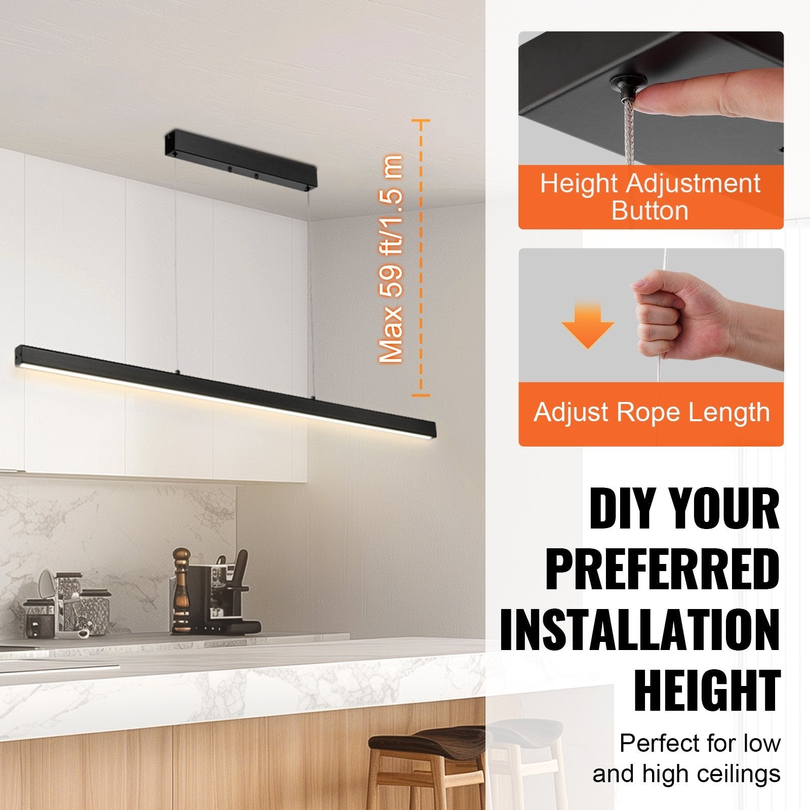VEVOR Dimmable Linear Pendant Light 20W 47in LED Linear Light Fixture Chandelier 
