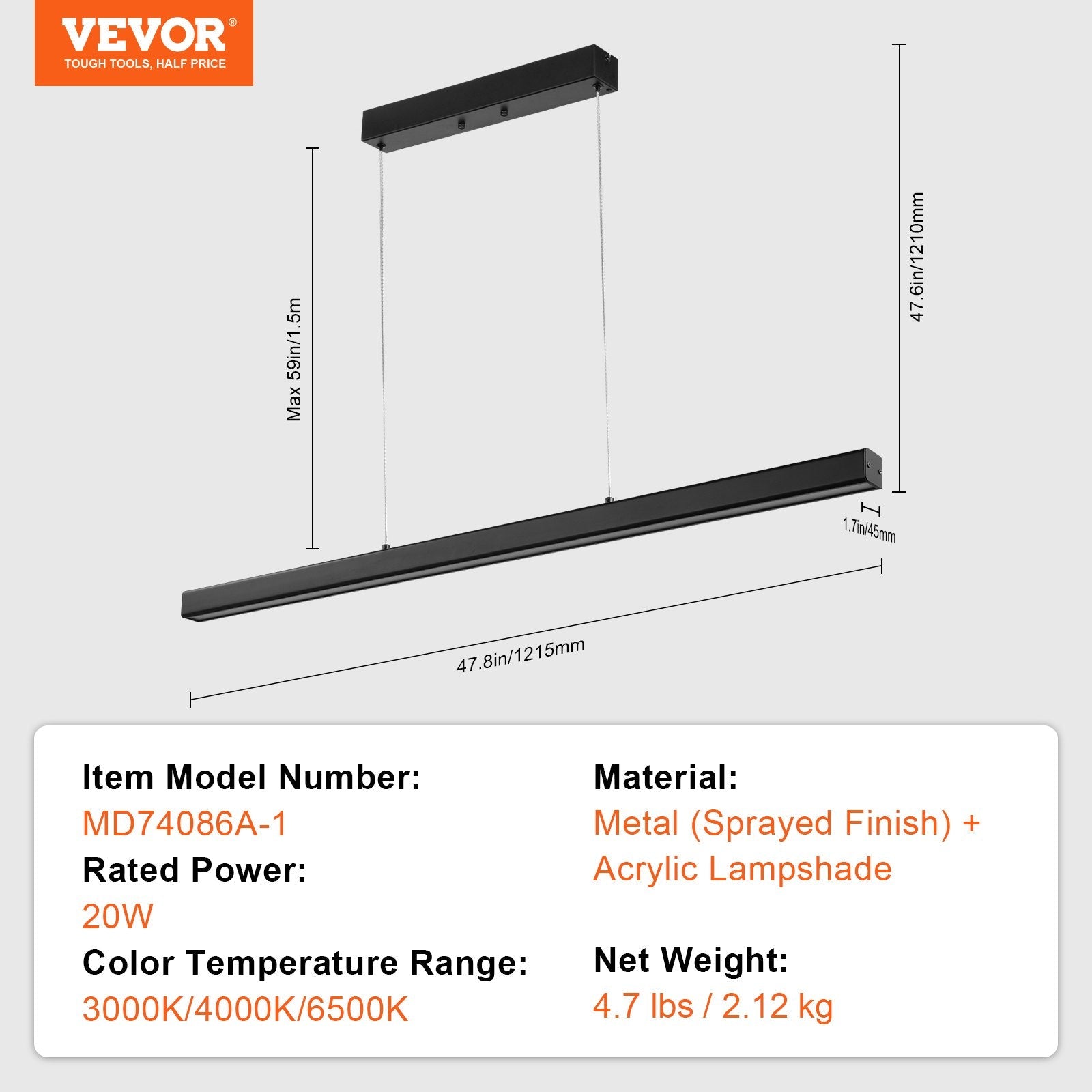 VEVOR Dimmable Linear Pendant Light 20W 47in LED Linear Light Fixture Chandelier 
