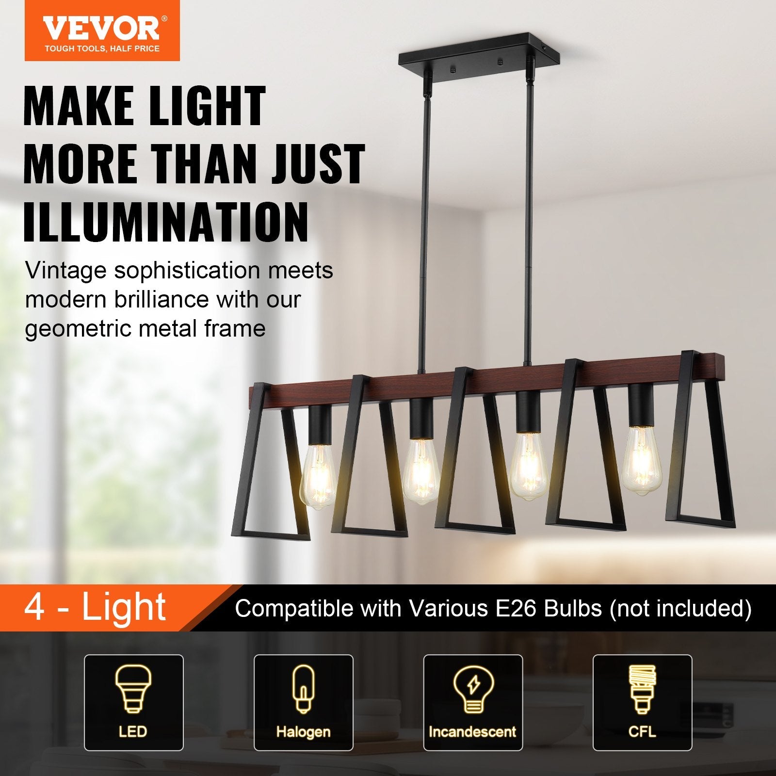 VEVOR 4-Light Kitchen Island Pendant Lights 60W Adjustable Dining Room Light E26 