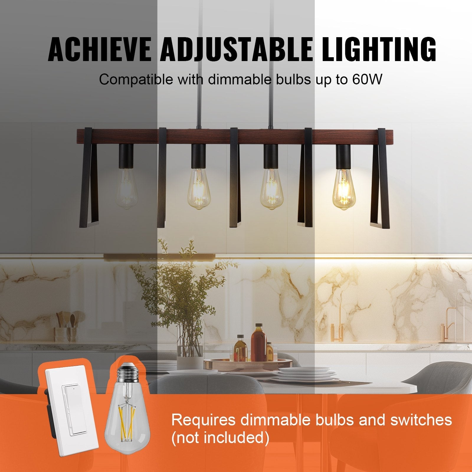 VEVOR 4-Light Kitchen Island Pendant Lights 60W Adjustable Dining Room Light E26 