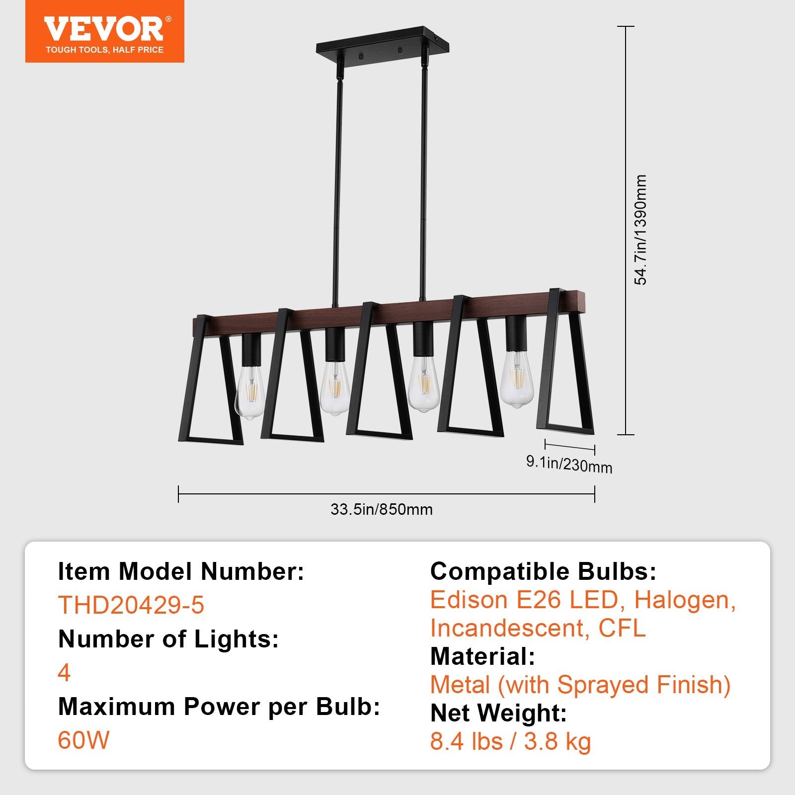 VEVOR 4-Light Kitchen Island Pendant Lights 60W Adjustable Dining Room Light E26 