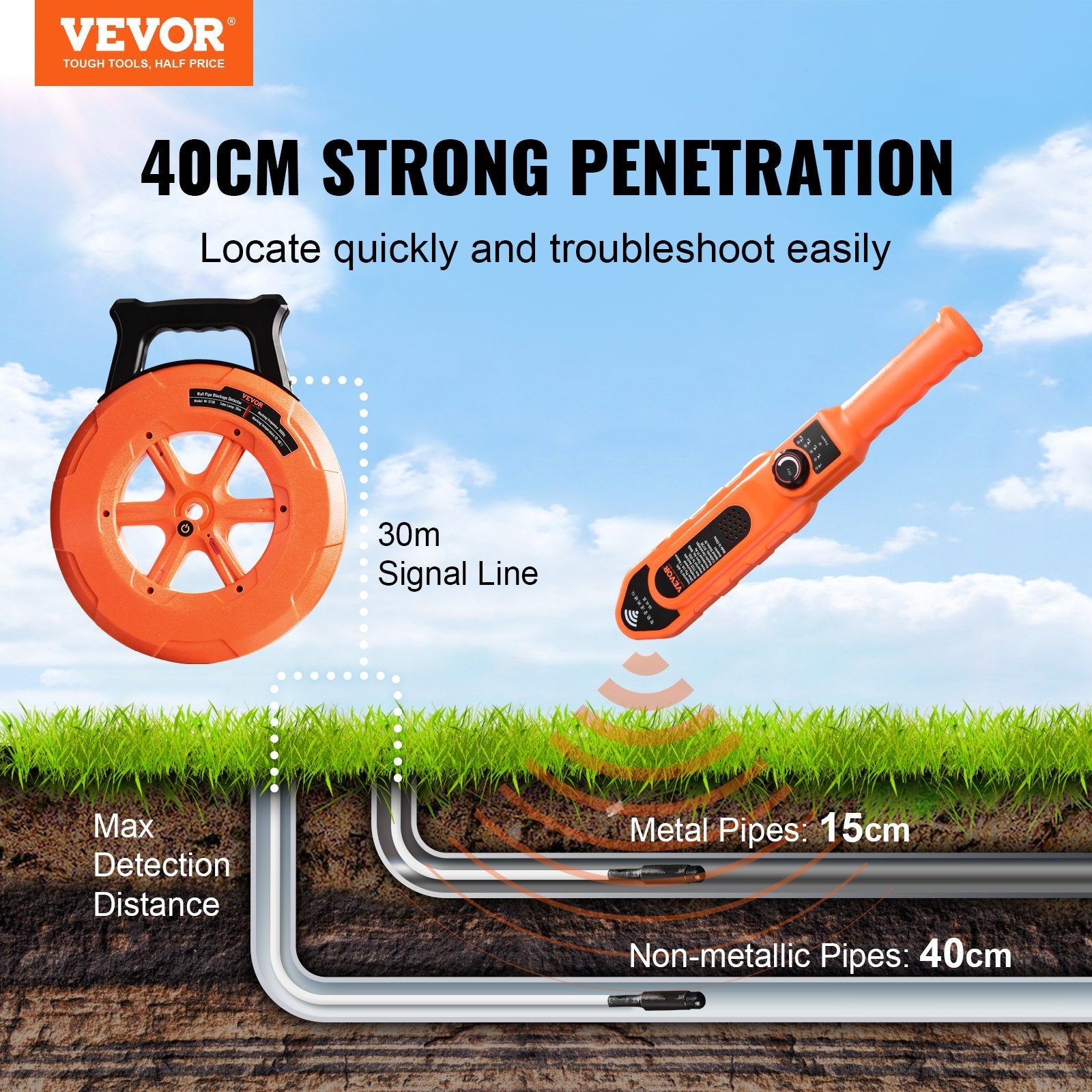 VEVOR Pipe Blockage Detector Locators 100ft/30m Waterproof for PVC Plastic Metal 