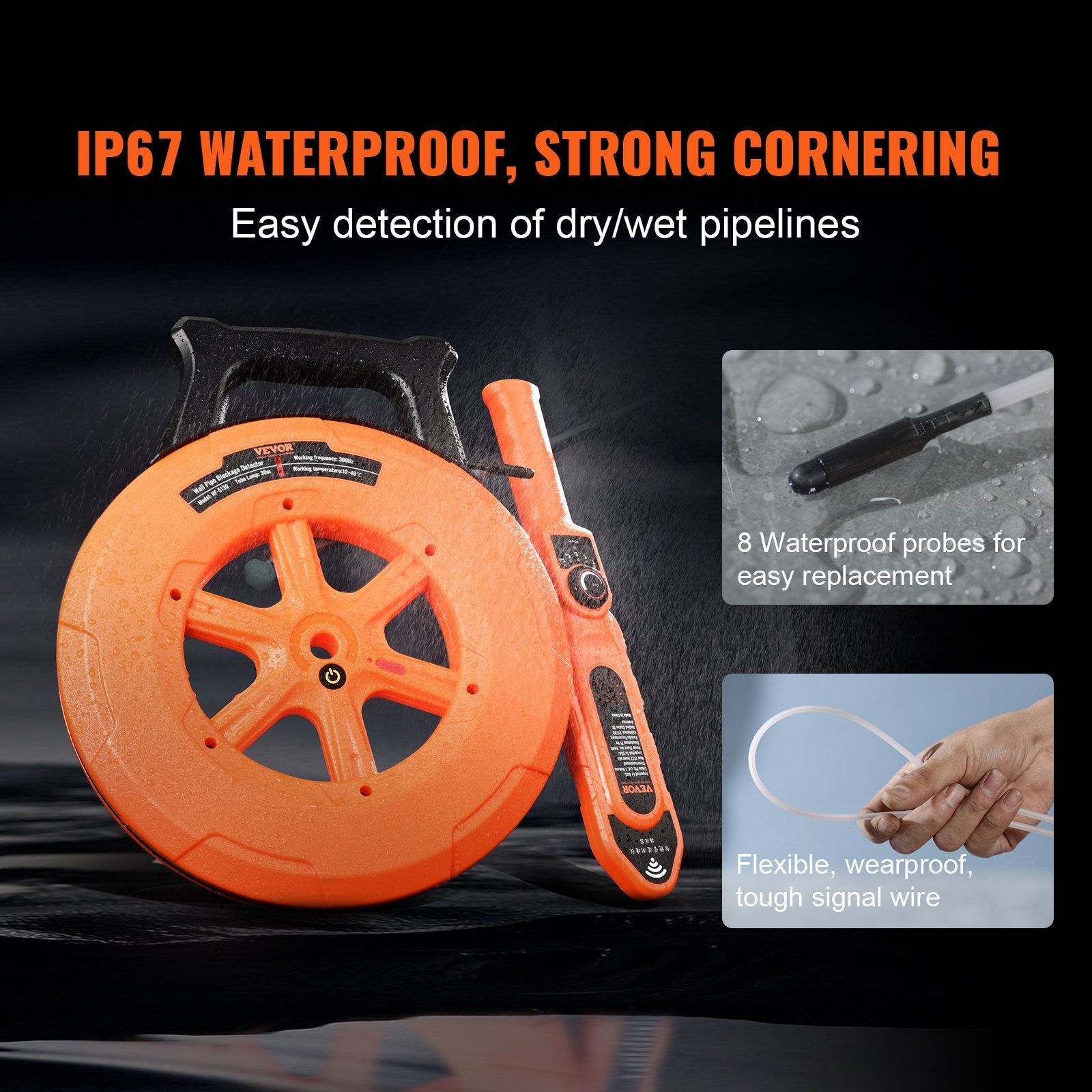 VEVOR Pipe Blockage Detector Locators 100ft/30m Waterproof for PVC Plastic Metal 