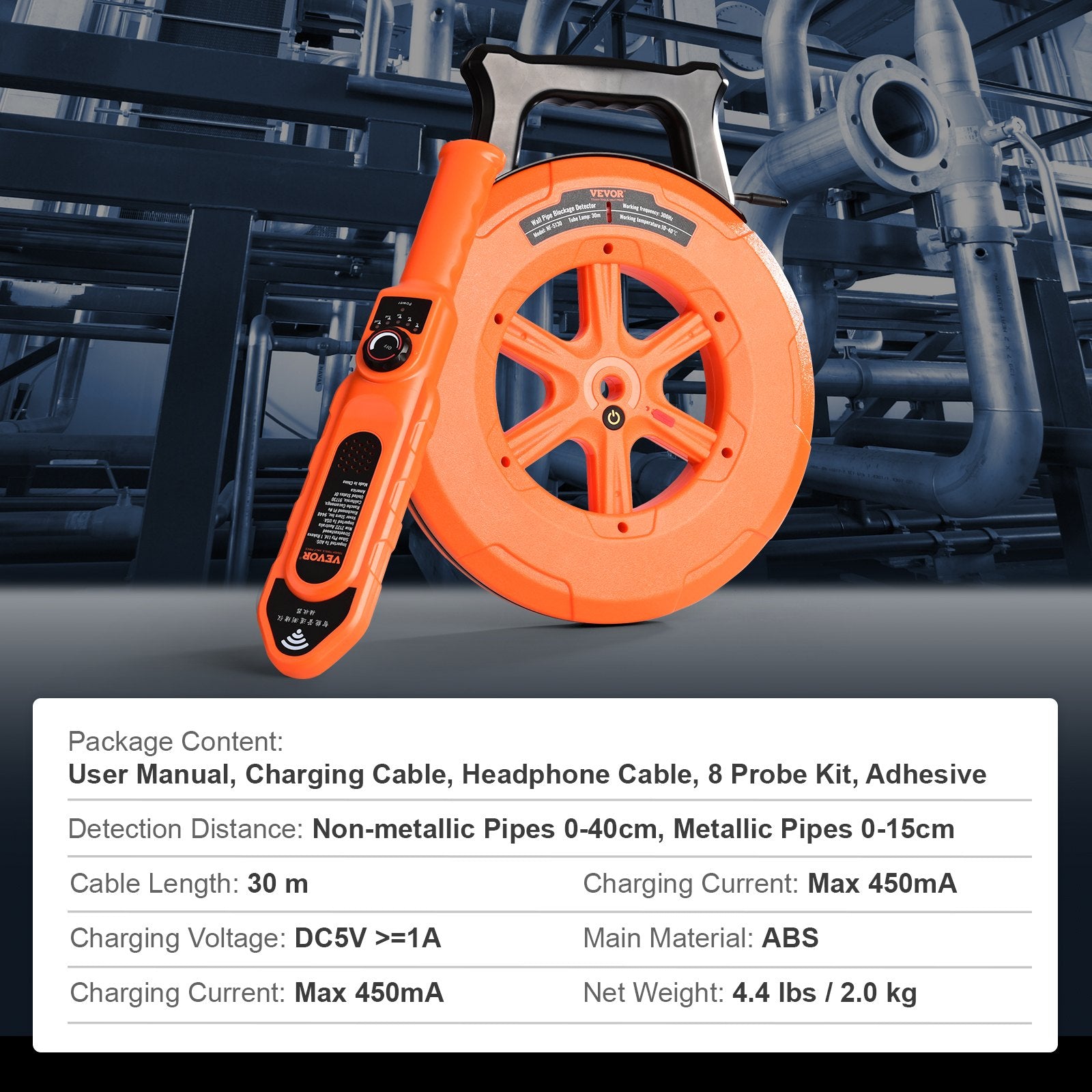 VEVOR Pipe Blockage Detector Locators 100ft/30m Waterproof for PVC Plastic Metal 