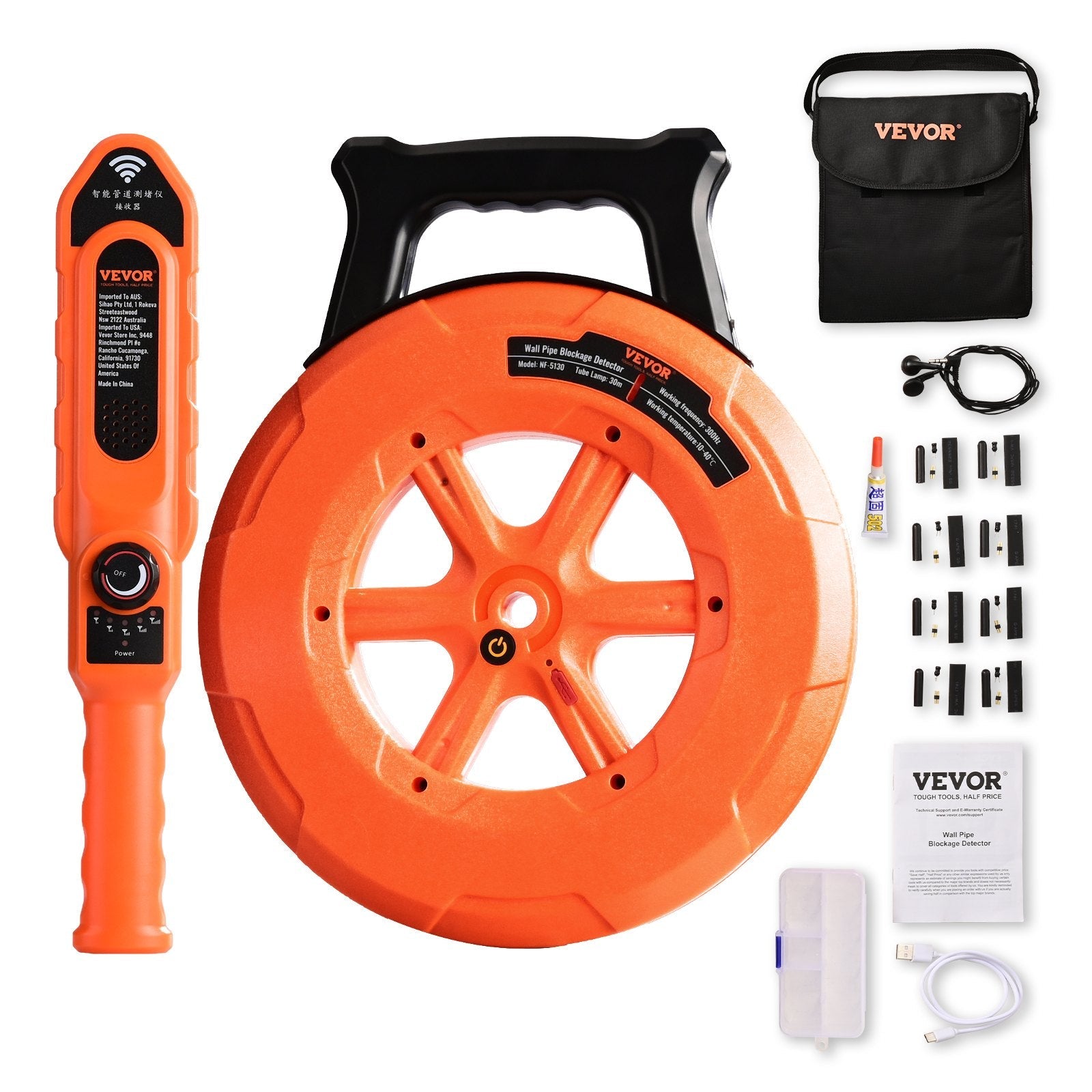 VEVOR Pipe Blockage Detector Locators 100ft/30m Waterproof for PVC Plastic Metal 