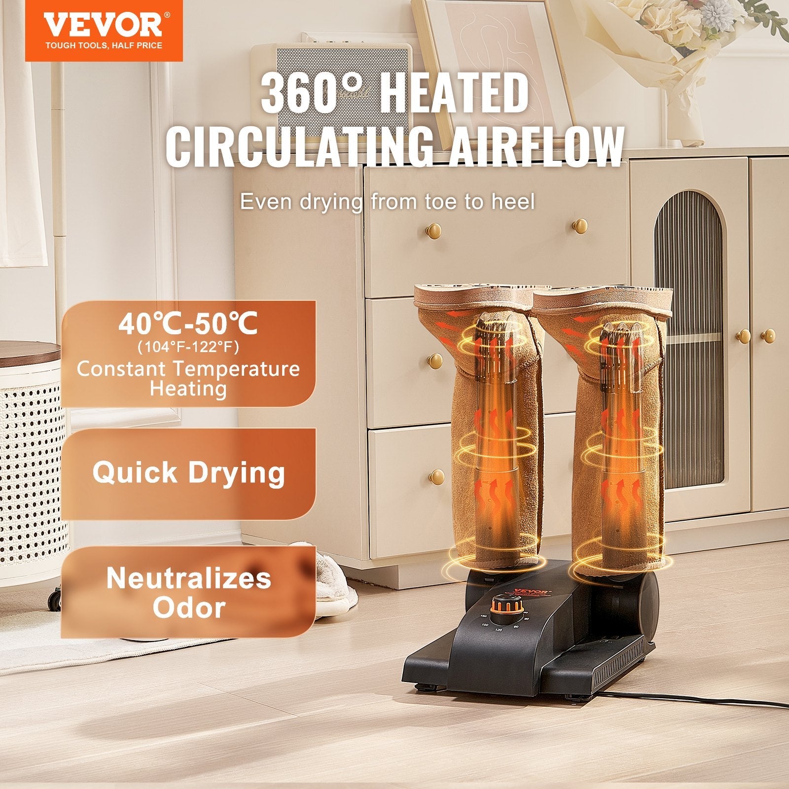 VEVOR 180° Foldable 2-Tube Shoe Dryer Boot Dryer with Heat Blower Black & Orange 