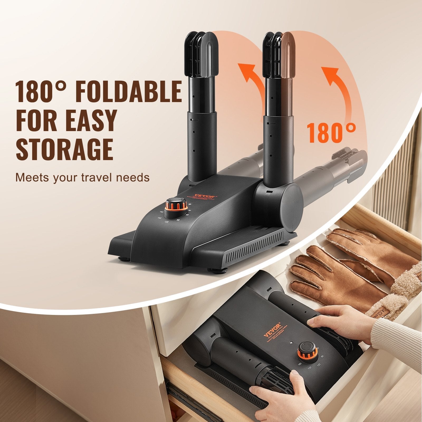 VEVOR 180° Foldable 2-Tube Shoe Dryer Boot Dryer with Heat Blower Black & Orange 