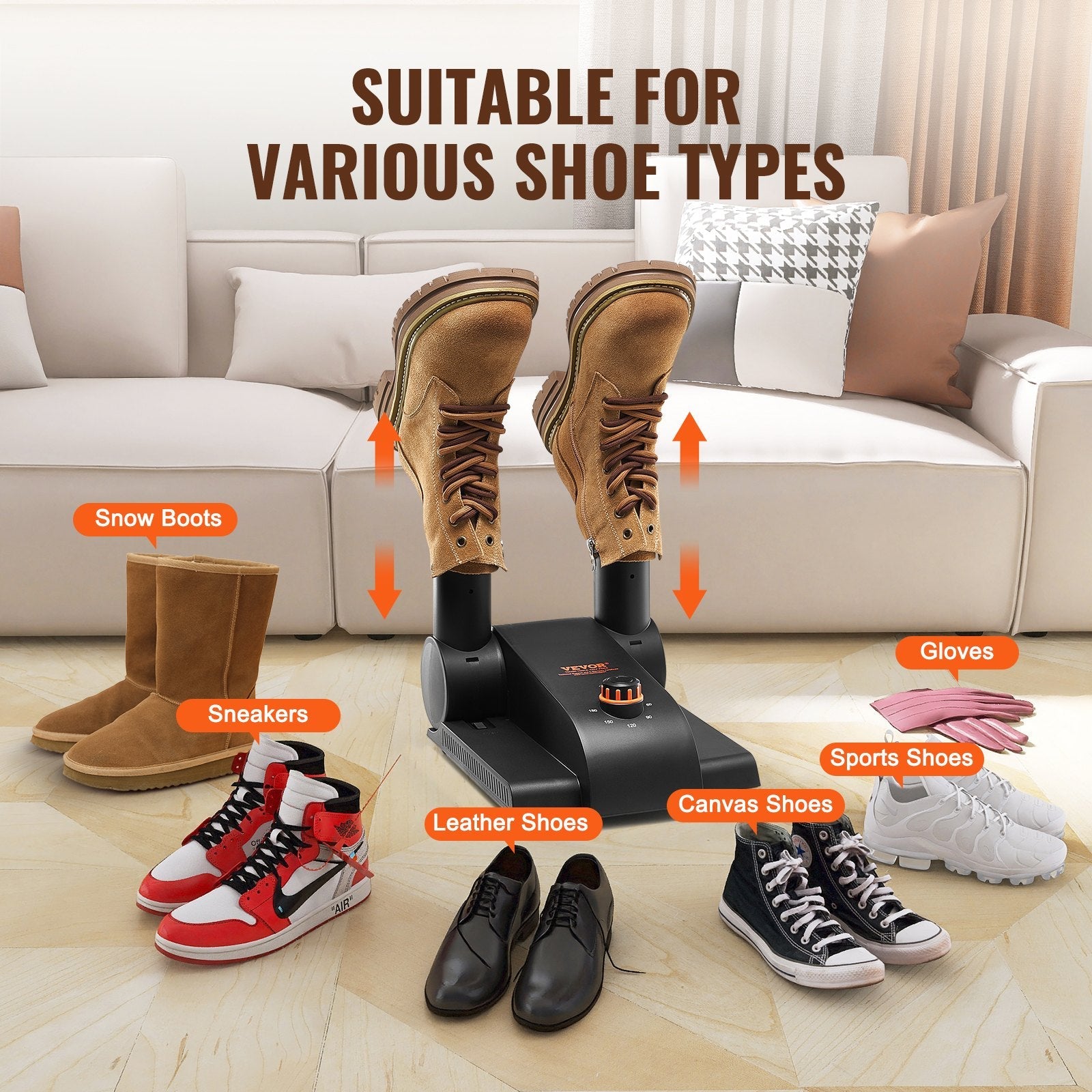 VEVOR 180° Foldable 2-Tube Shoe Dryer Boot Dryer with Heat Blower Black & Orange 