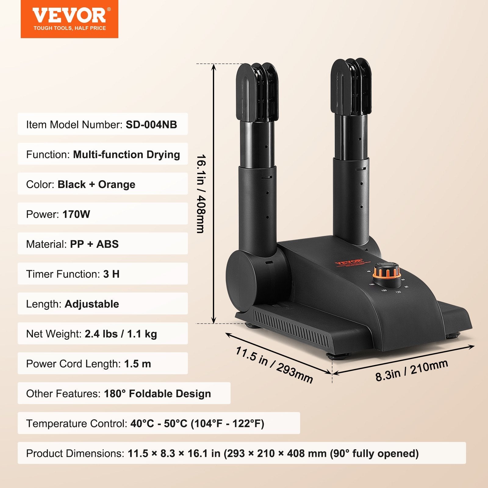 VEVOR 180° Foldable 2-Tube Shoe Dryer Boot Dryer with Heat Blower Black & Orange 