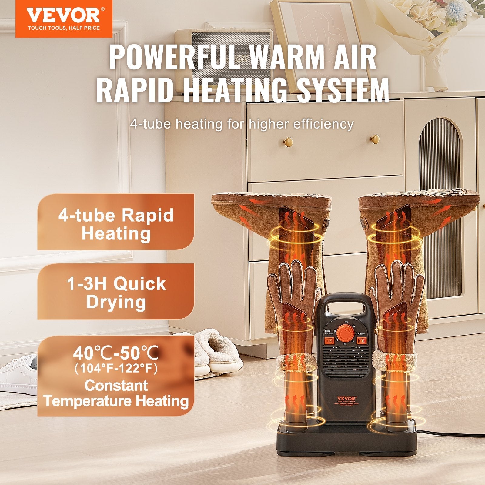 VEVOR Detachable 4-Tube Shoe Dryer with Timer and Quick Drying Black & Orange 