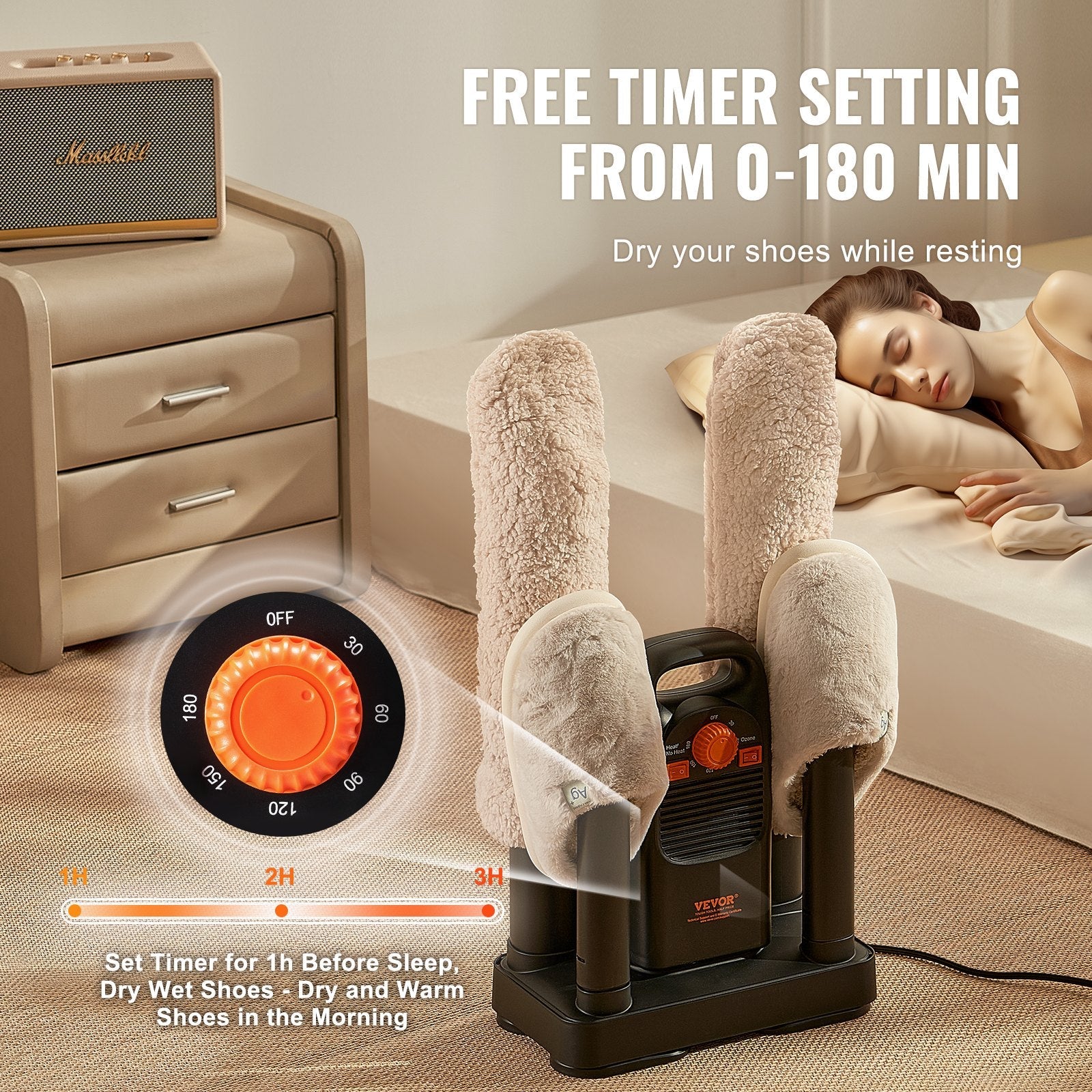 VEVOR Detachable 4-Tube Shoe Dryer with Timer and Quick Drying Black & Orange 