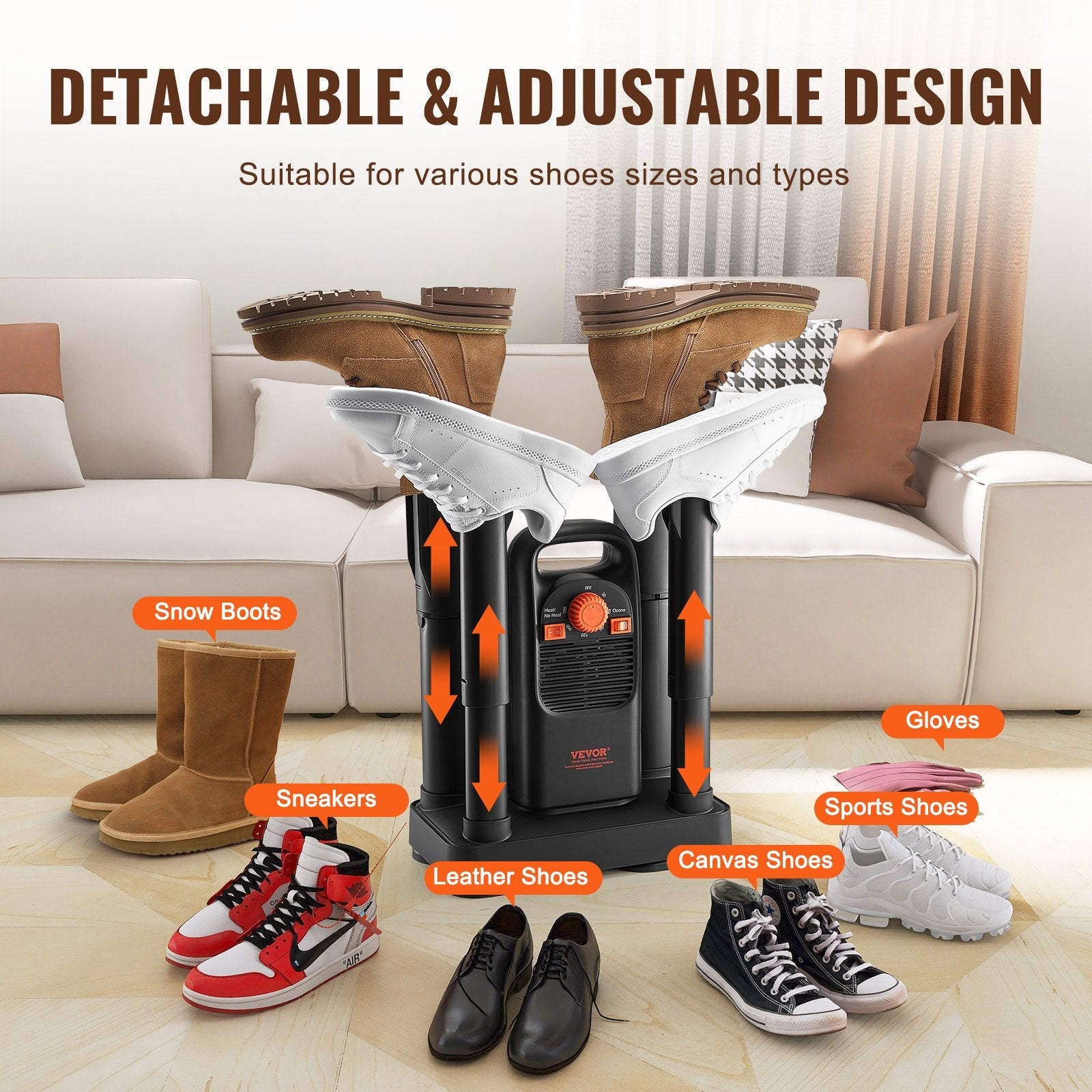 VEVOR Detachable 4-Tube Shoe Dryer with Timer and Quick Drying Black & Orange 