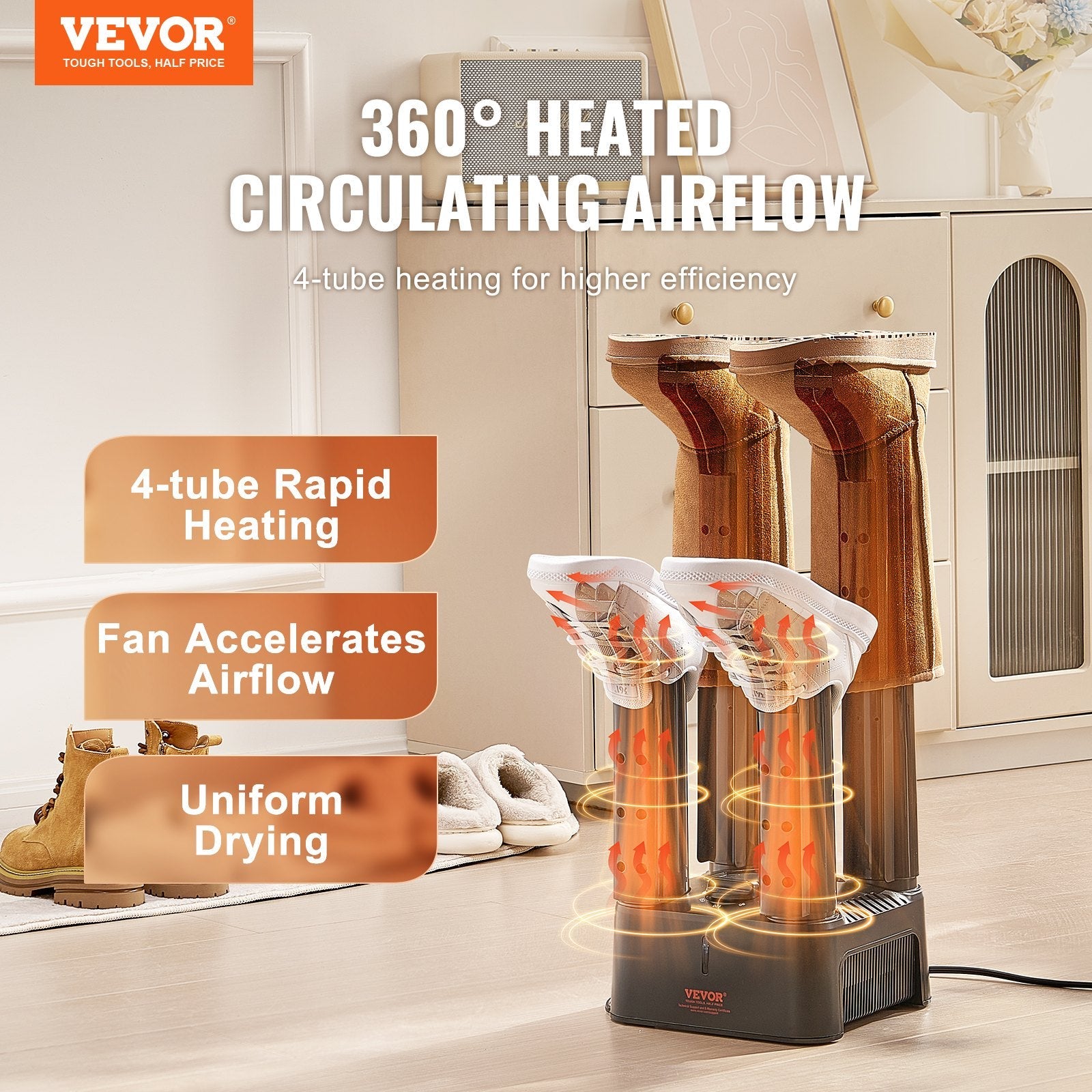 VEVOR Detachable 4 Tubes Shoe Dryer with Heat Blower & Timer Black & Orange 