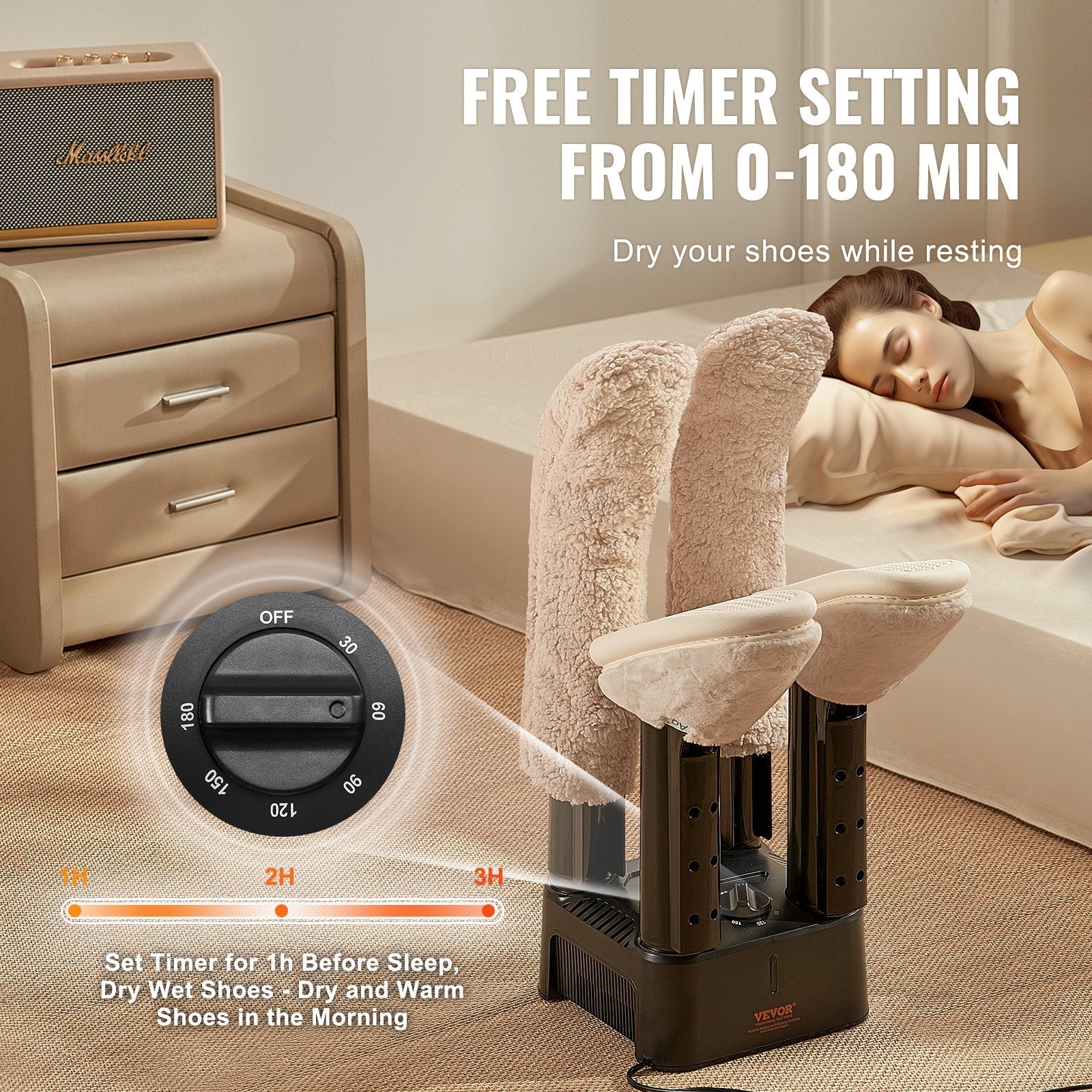 VEVOR Detachable 4 Tubes Shoe Dryer with Heat Blower & Timer Black & Orange 
