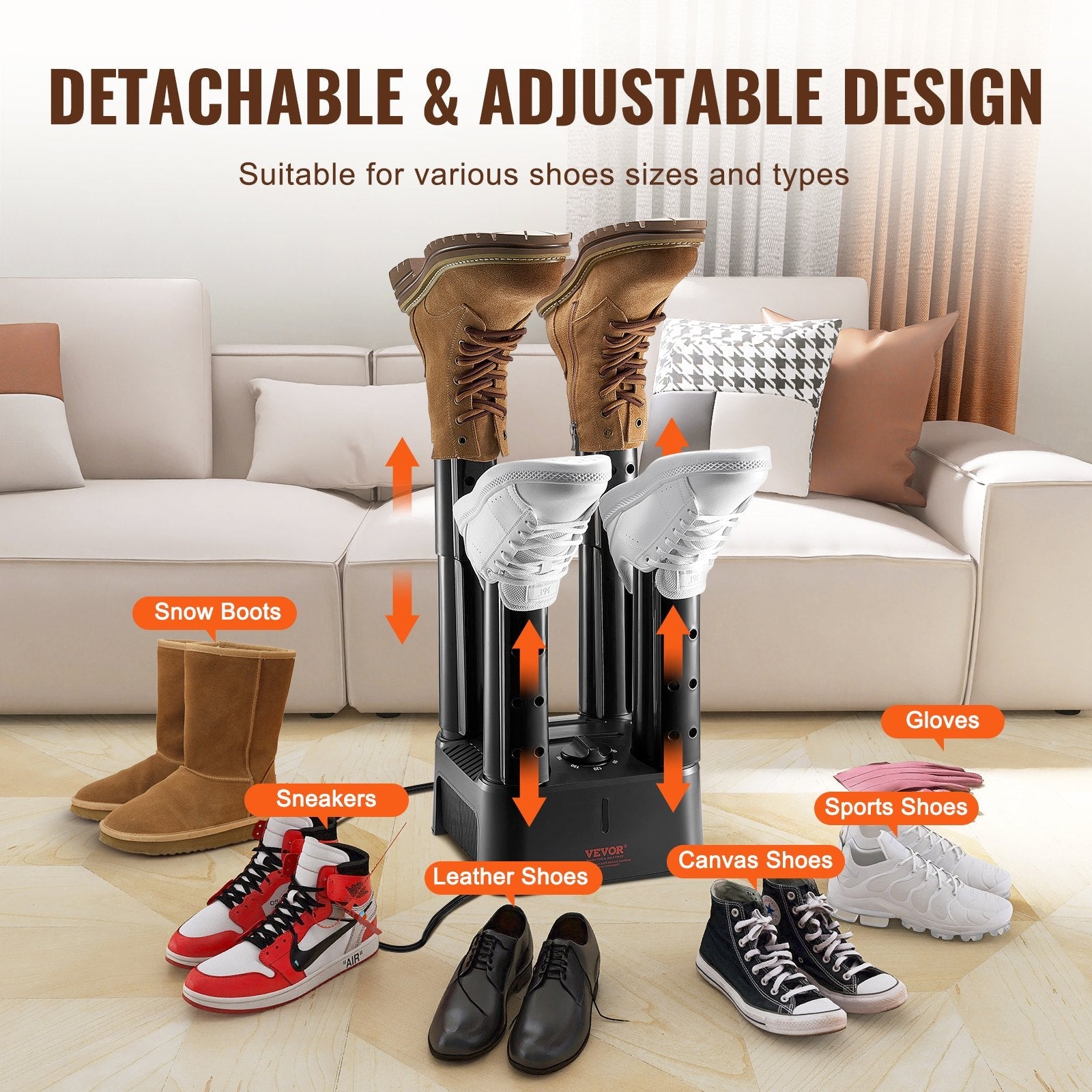 VEVOR Detachable 4 Tubes Shoe Dryer with Heat Blower & Timer Black & Orange 