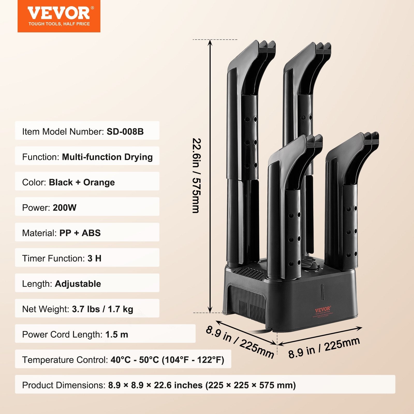 VEVOR Detachable 4 Tubes Shoe Dryer with Heat Blower & Timer Black & Orange 