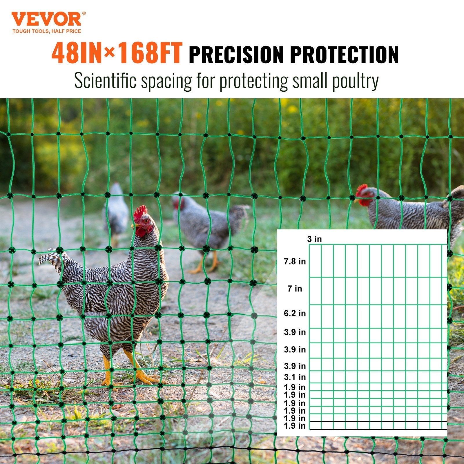 VEVOR Electric Fence Netting, 48" H x 168' L, PE Net Fencing Kit with Posts & Double-Spiked Stakes, Utility Portable Mesh for Chickens, Ducks, Geese, Rabbits, Used in Backyards, Farms, and Ranches 
