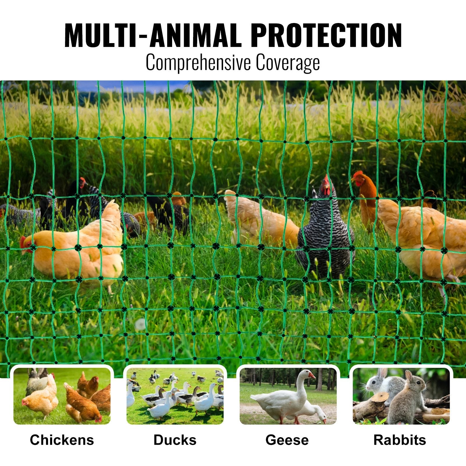 VEVOR Electric Fence Netting, 48" H x 168' L, PE Net Fencing Kit with Posts & Double-Spiked Stakes, Utility Portable Mesh for Chickens, Ducks, Geese, Rabbits, Used in Backyards, Farms, and Ranches 