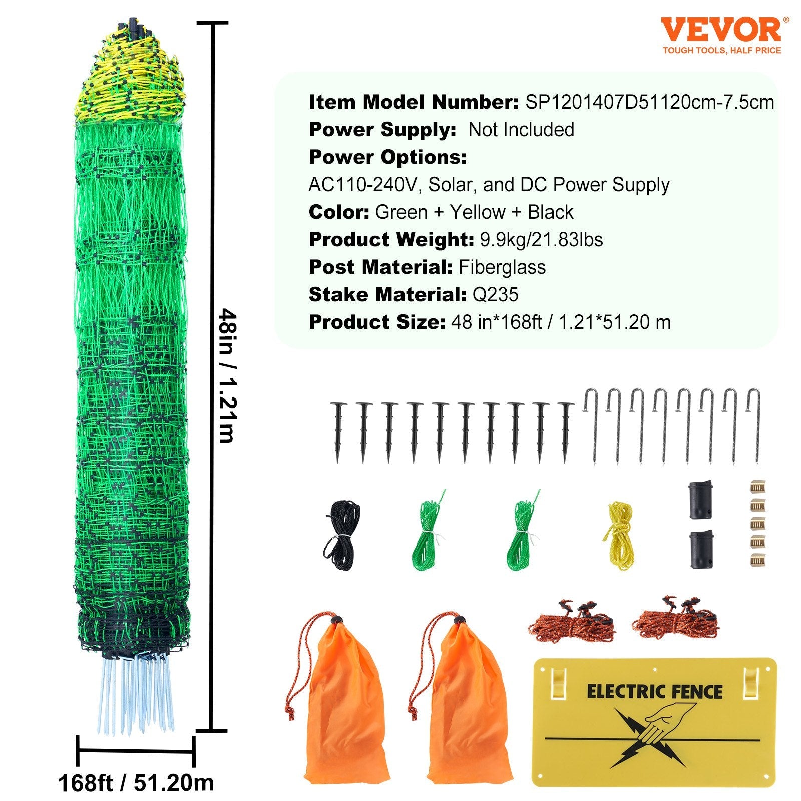 VEVOR Electric Fence Netting, 48" H x 168' L, PE Net Fencing Kit with Posts & Double-Spiked Stakes, Utility Portable Mesh for Chickens, Ducks, Geese, Rabbits, Used in Backyards, Farms, and Ranches 