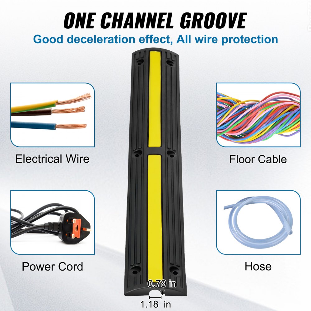 VEVOR 3.28 ft Cable Protector Ramp, 4 Pack of 1 Channel, 18000 lbs/axle Capacity Heavy Duty Rubber Speed Bumps, Floor Cord Cable Protector Wire Cover, for Residential Areas, Private Garages, Gardens 