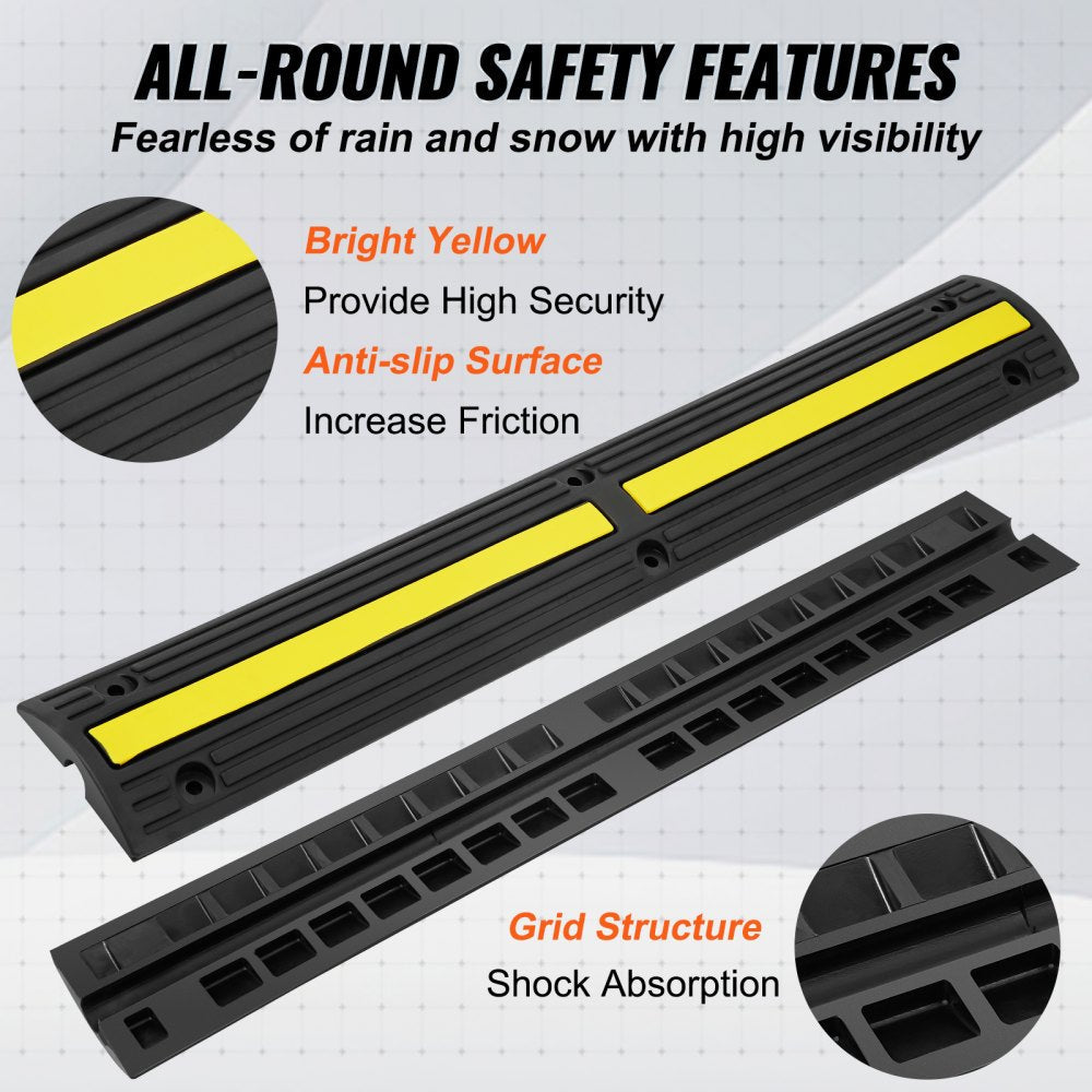 VEVOR 3.28 ft Cable Protector Ramp, 4 Pack of 1 Channel, 18000 lbs/axle Capacity Heavy Duty Rubber Speed Bumps, Floor Cord Cable Protector Wire Cover, for Residential Areas, Private Garages, Gardens 
