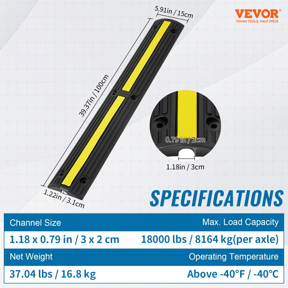 VEVOR 3.28 ft Cable Protector Ramp, 4 Pack of 1 Channel, 18000 lbs/axle Capacity Heavy Duty Rubber Speed Bumps, Floor Cord Cable Protector Wire Cover, for Residential Areas, Private Garages, Gardens 