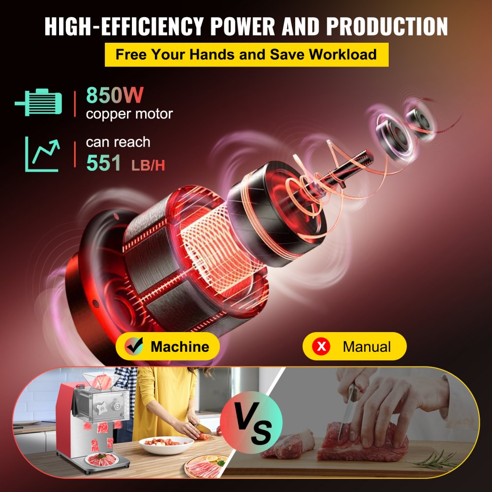 VEVOR Commercial Meat Cutting Machine, 551 Lbs/H 850W Meat Shredding Machine, 3.5mm Blade Electric Meat Cutter, Stainless Steel Restaurant Food Cutter, for Kitchen Supermarket Lamb Beef Chicken, Red 