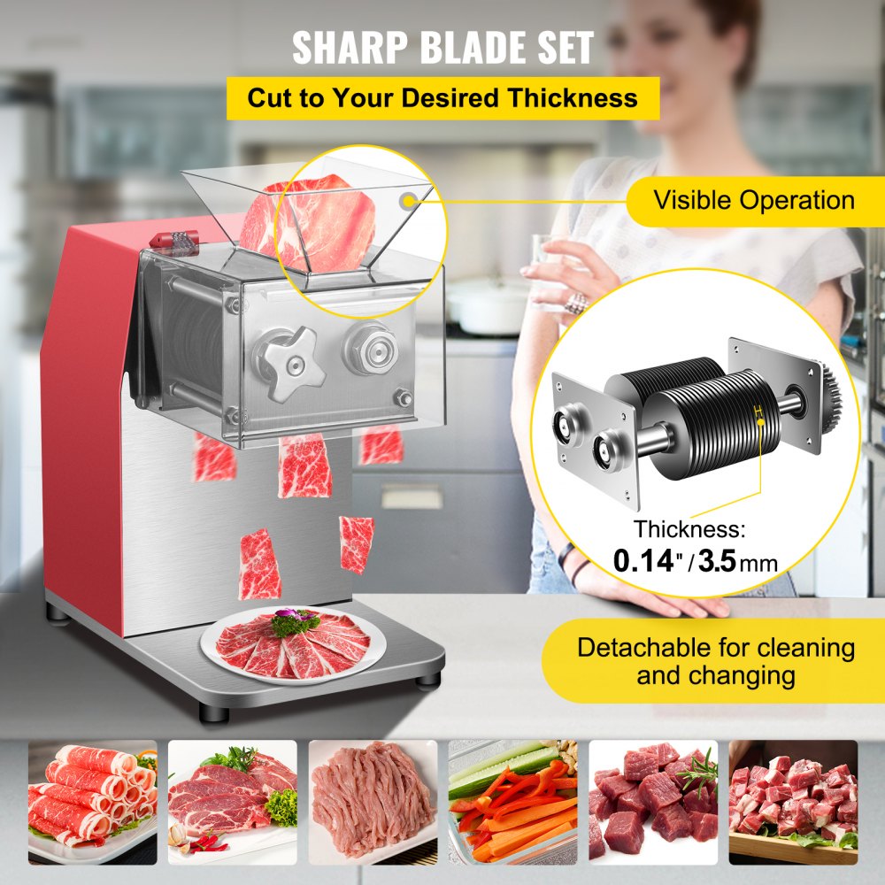 VEVOR Commercial Meat Cutting Machine, 551 Lbs/H 850W Meat Shredding Machine, 3.5mm Blade Electric Meat Cutter, Stainless Steel Restaurant Food Cutter, for Kitchen Supermarket Lamb Beef Chicken, Red 