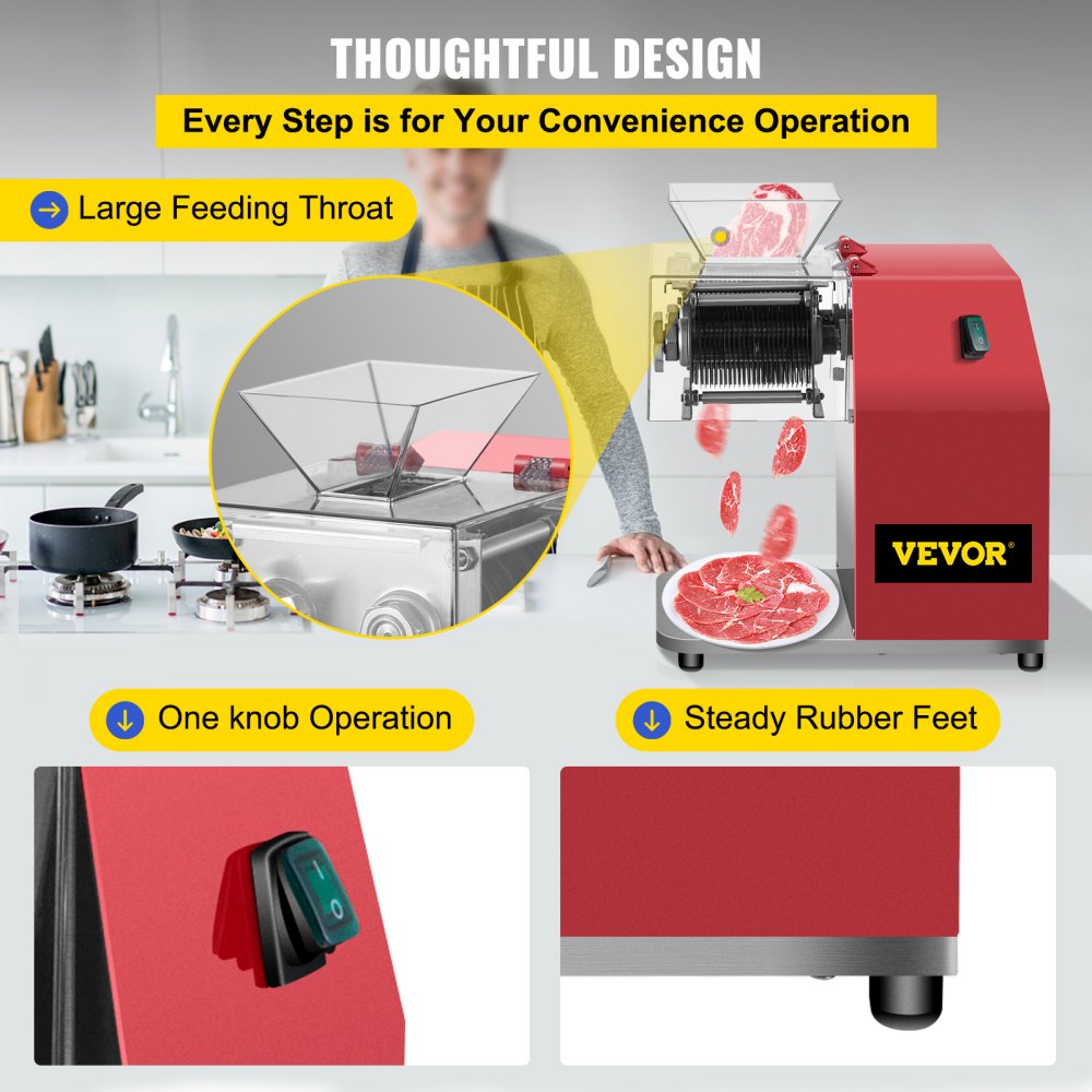 VEVOR Commercial Meat Cutting Machine, 551 Lbs/H 850W Meat Shredding Machine, 3.5mm Blade Electric Meat Cutter, Stainless Steel Restaurant Food Cutter, for Kitchen Supermarket Lamb Beef Chicken, Red 