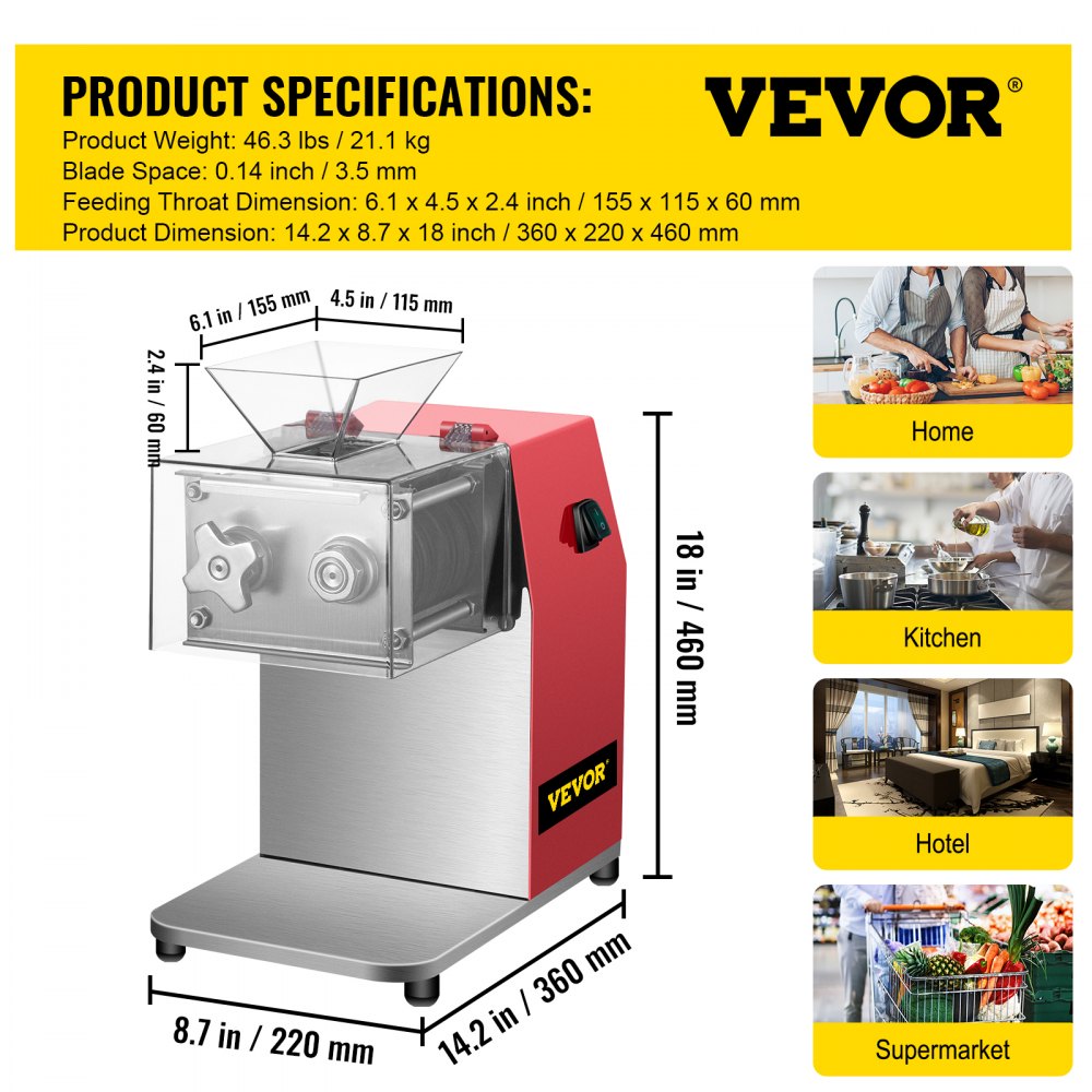 VEVOR Commercial Meat Cutting Machine, 551 Lbs/H 850W Meat Shredding Machine, 3.5mm Blade Electric Meat Cutter, Stainless Steel Restaurant Food Cutter, for Kitchen Supermarket Lamb Beef Chicken, Red 