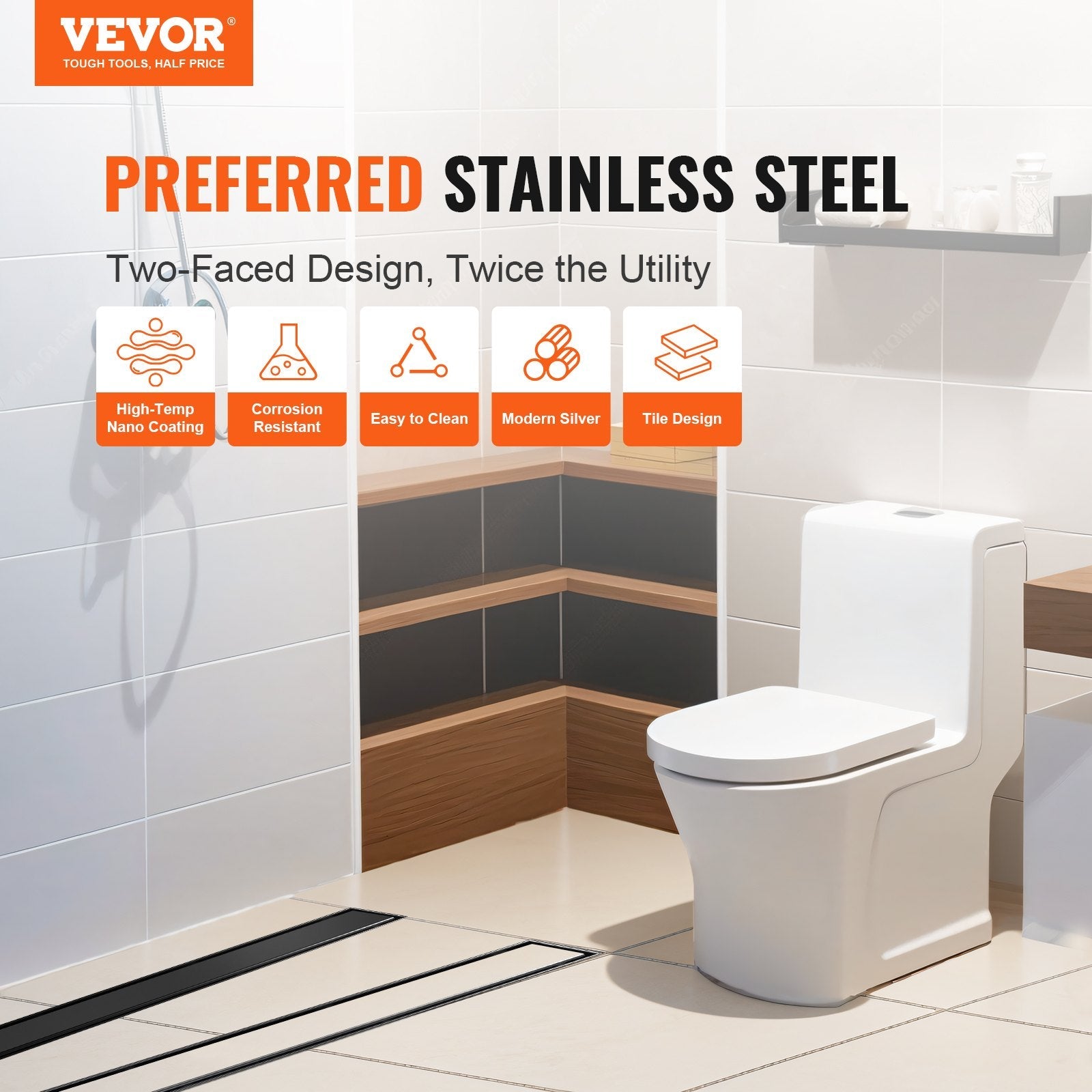VEVOR 24-Inch Linear Shower Drain Offset with Tile Insert Cover,Brushed 304 Stainless Steel Rectangle Shower Floor Drain, Sleek Linear Drain with Hair Strainer, Black 