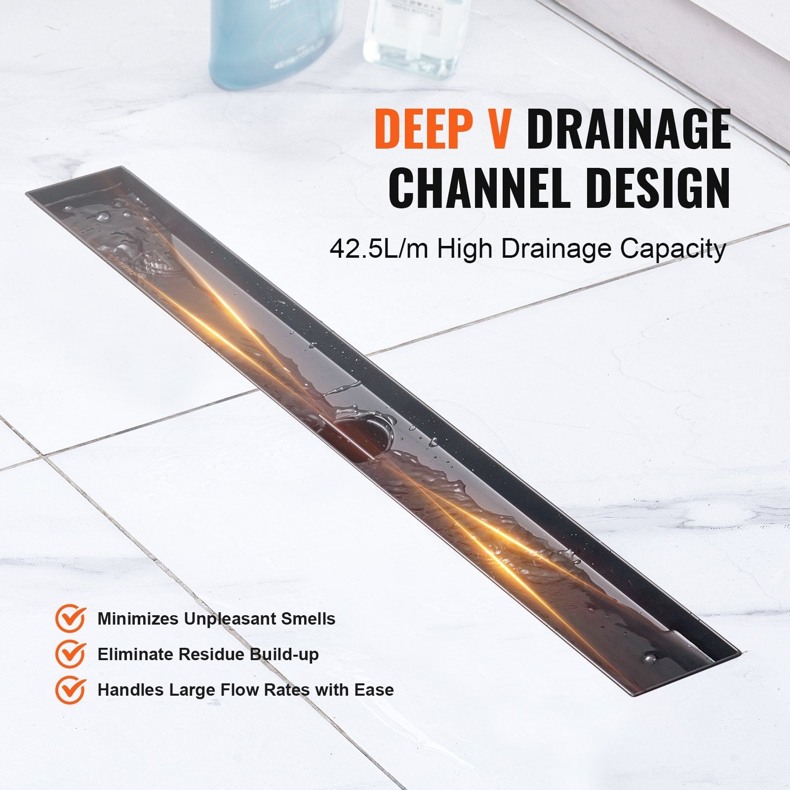 VEVOR 24-Inch Linear Shower Drain Offset with Tile Insert Cover,Brushed 304 Stainless Steel Rectangle Shower Floor Drain, Sleek Linear Drain with Hair Strainer, Black 