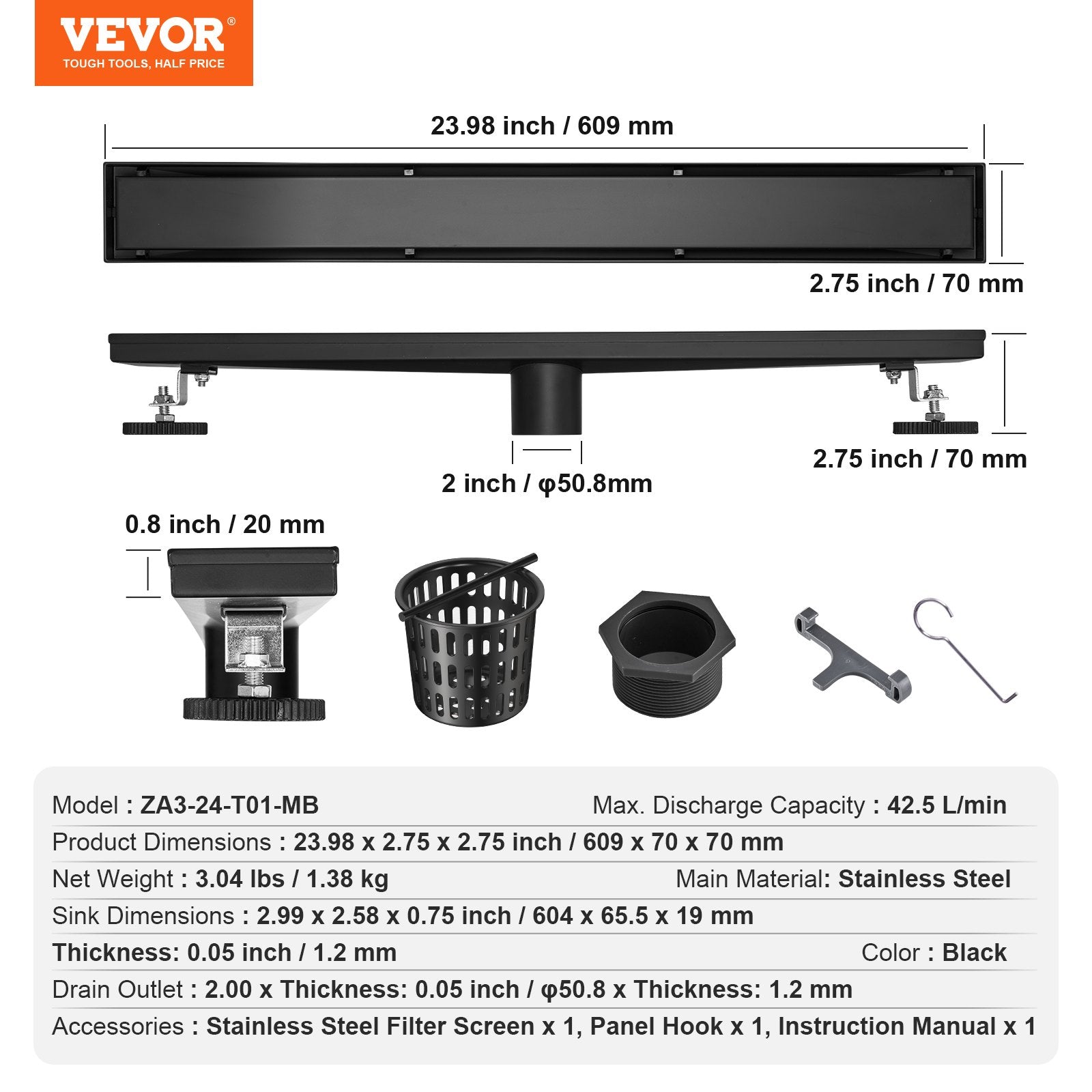 VEVOR 24-Inch Linear Shower Drain Offset with Tile Insert Cover,Brushed 304 Stainless Steel Rectangle Shower Floor Drain, Sleek Linear Drain with Hair Strainer, Black 