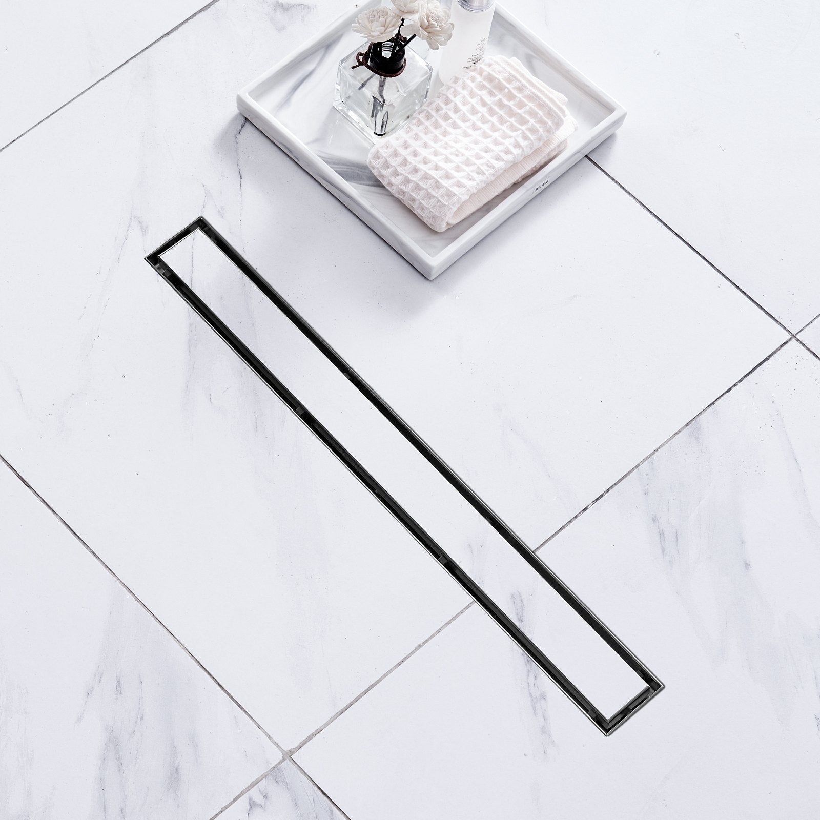 VEVOR 24-Inch Linear Shower Drain Offset with Tile Insert Cover,Brushed 304 Stainless Steel Rectangle Shower Floor Drain, Sleek Linear Drain with Hair Strainer, Black 