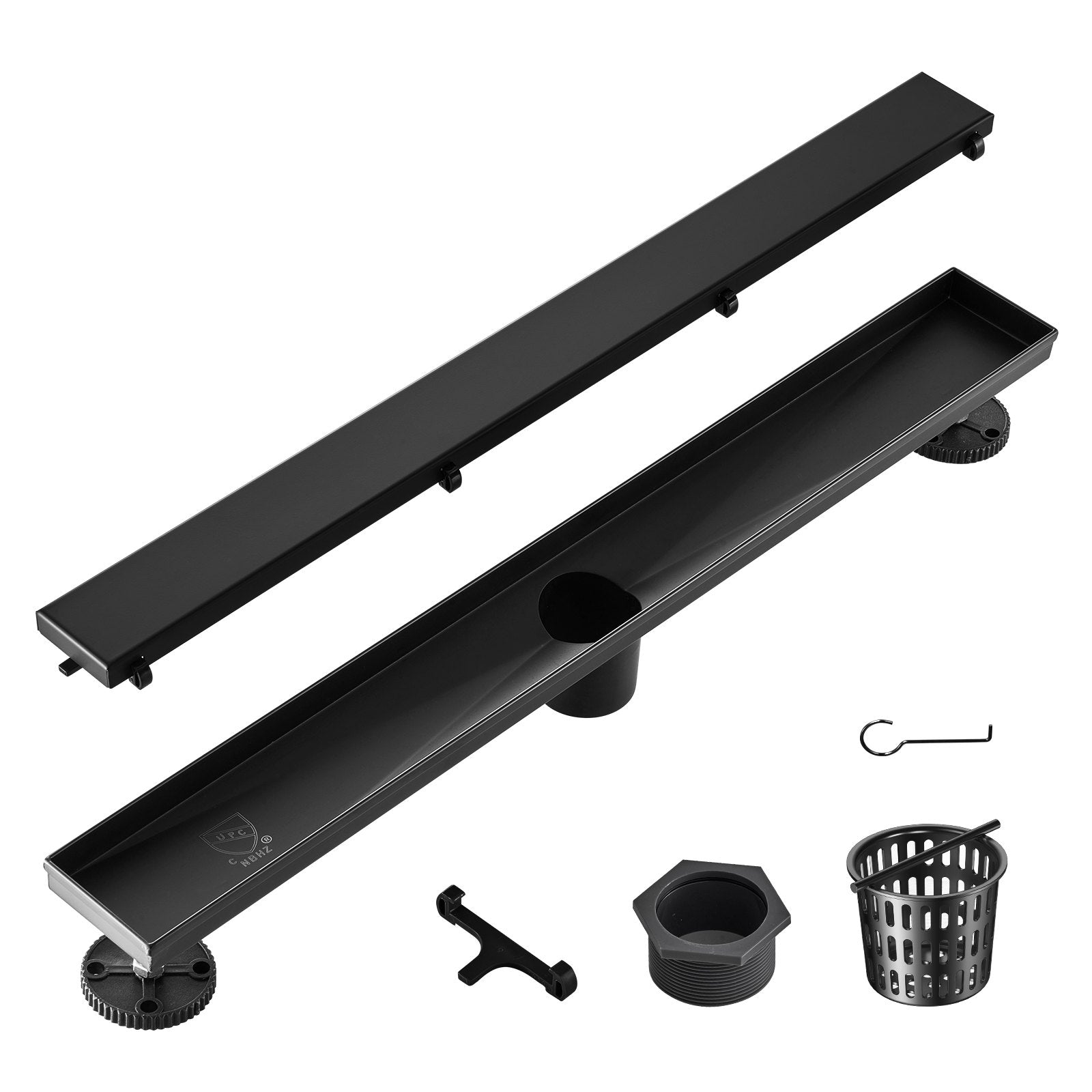 VEVOR 24-Inch Linear Shower Drain Offset with Tile Insert Cover,Brushed 304 Stainless Steel Rectangle Shower Floor Drain, Sleek Linear Drain with Hair Strainer, Black 