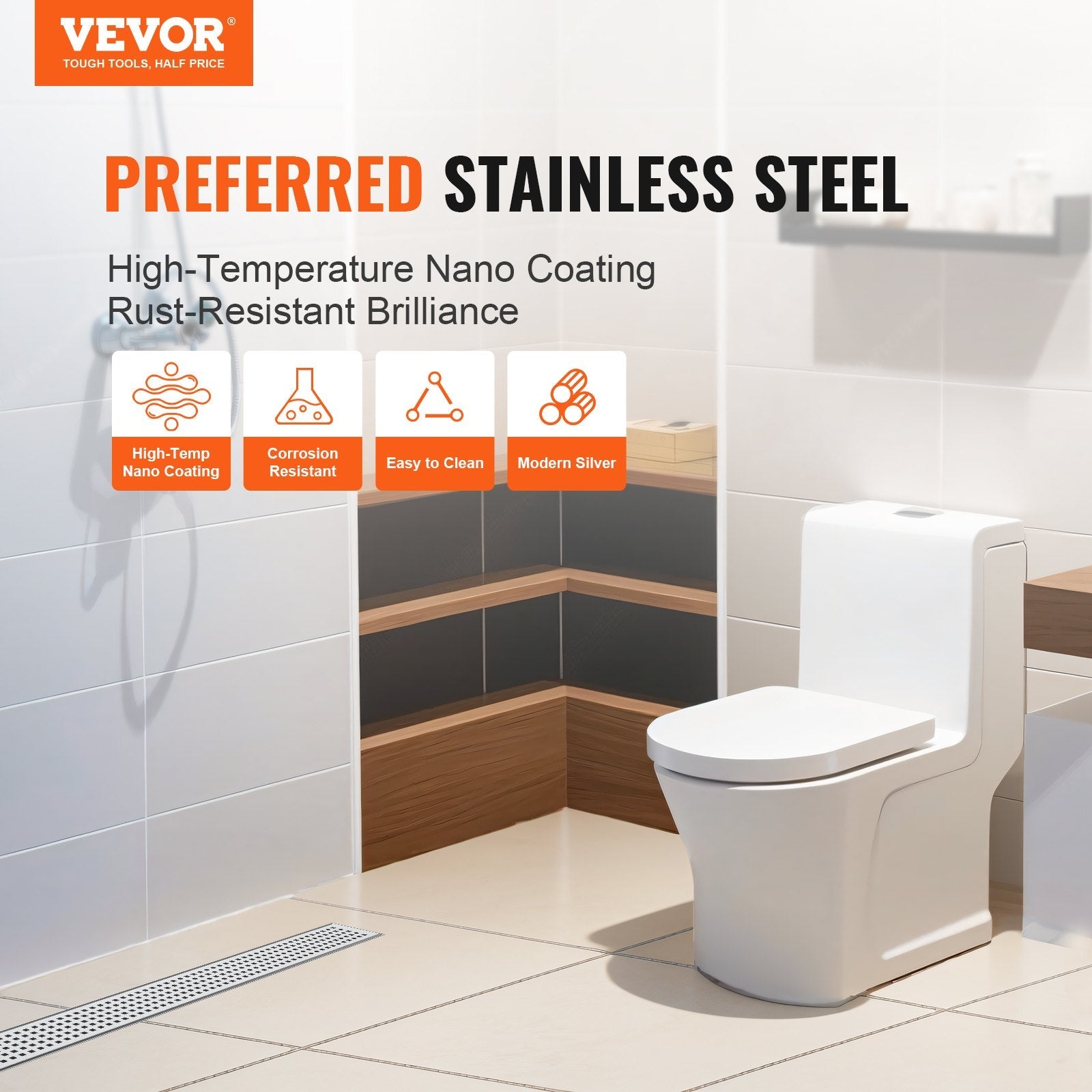 VEVOR 24Inch Linear Shower Drain with Square Pattern Grate,Brushed 304 Stainless Steel Rectangle Shower Floor Drain,Linear Drain with Leveling Feet,Hair Strainer Silver 