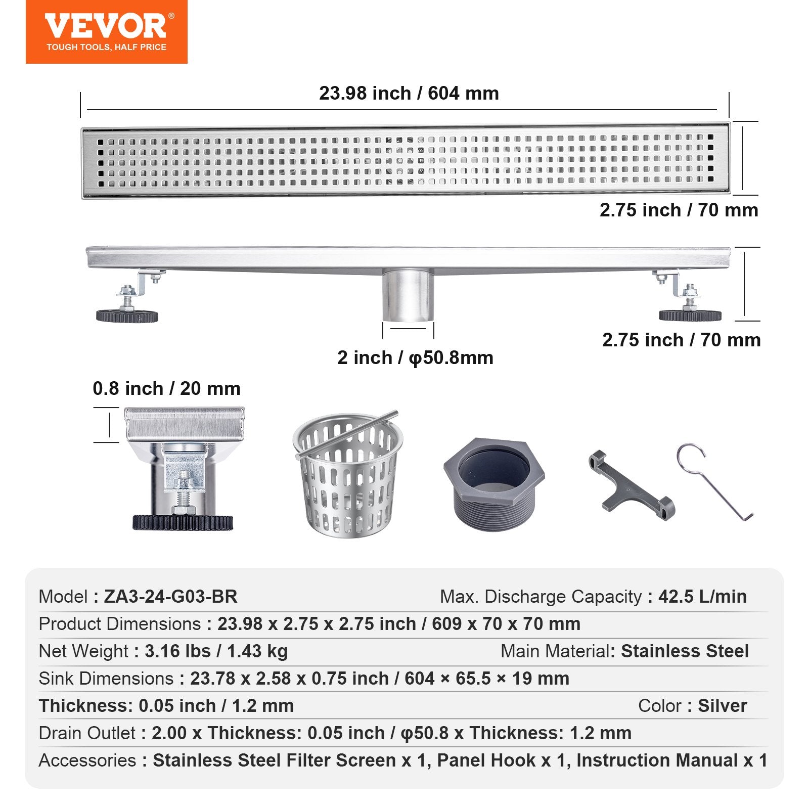 VEVOR 24Inch Linear Shower Drain with Square Pattern Grate,Brushed 304 Stainless Steel Rectangle Shower Floor Drain,Linear Drain with Leveling Feet,Hair Strainer Silver 
