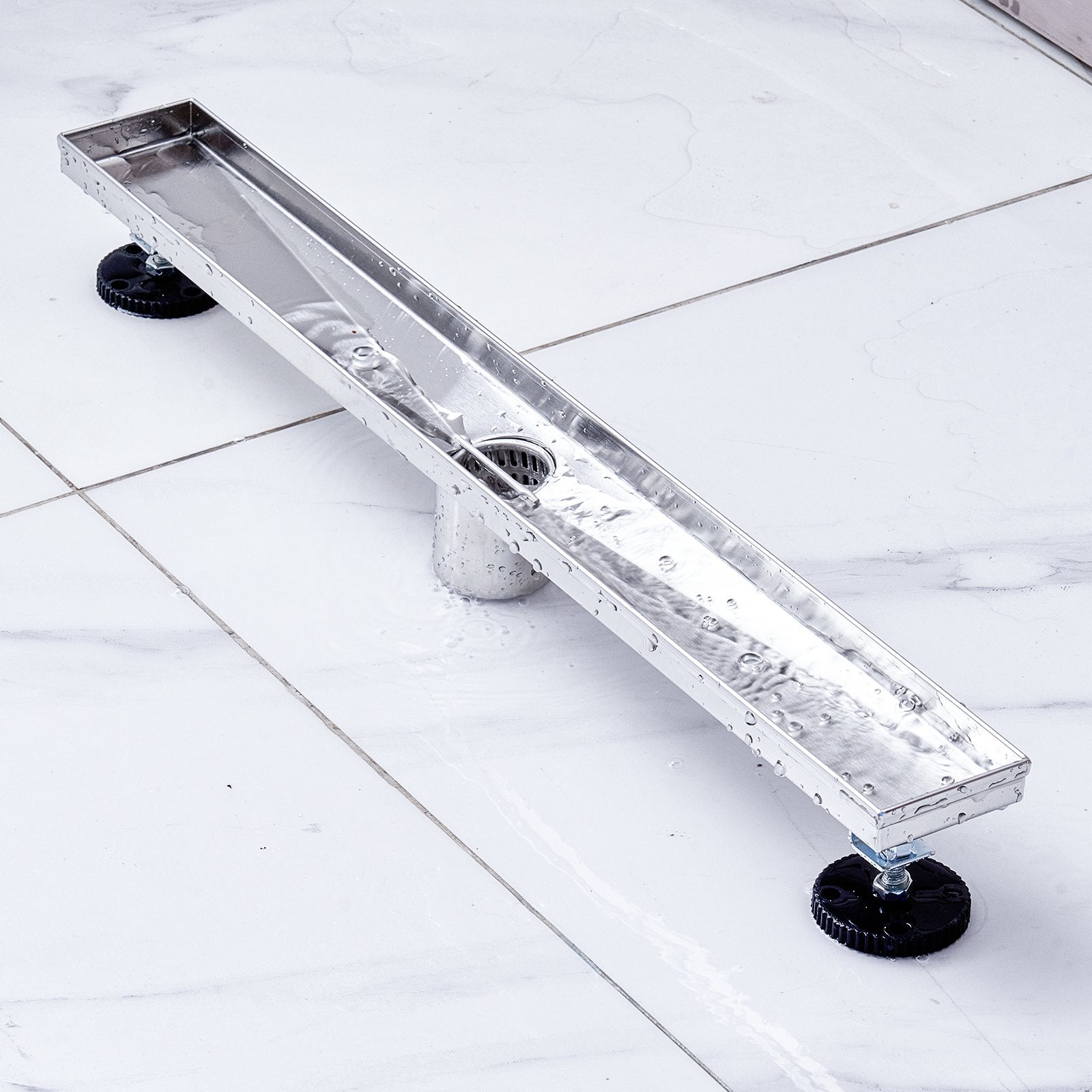VEVOR 24Inch Linear Shower Drain with Square Pattern Grate,Brushed 304 Stainless Steel Rectangle Shower Floor Drain,Linear Drain with Leveling Feet,Hair Strainer Silver 