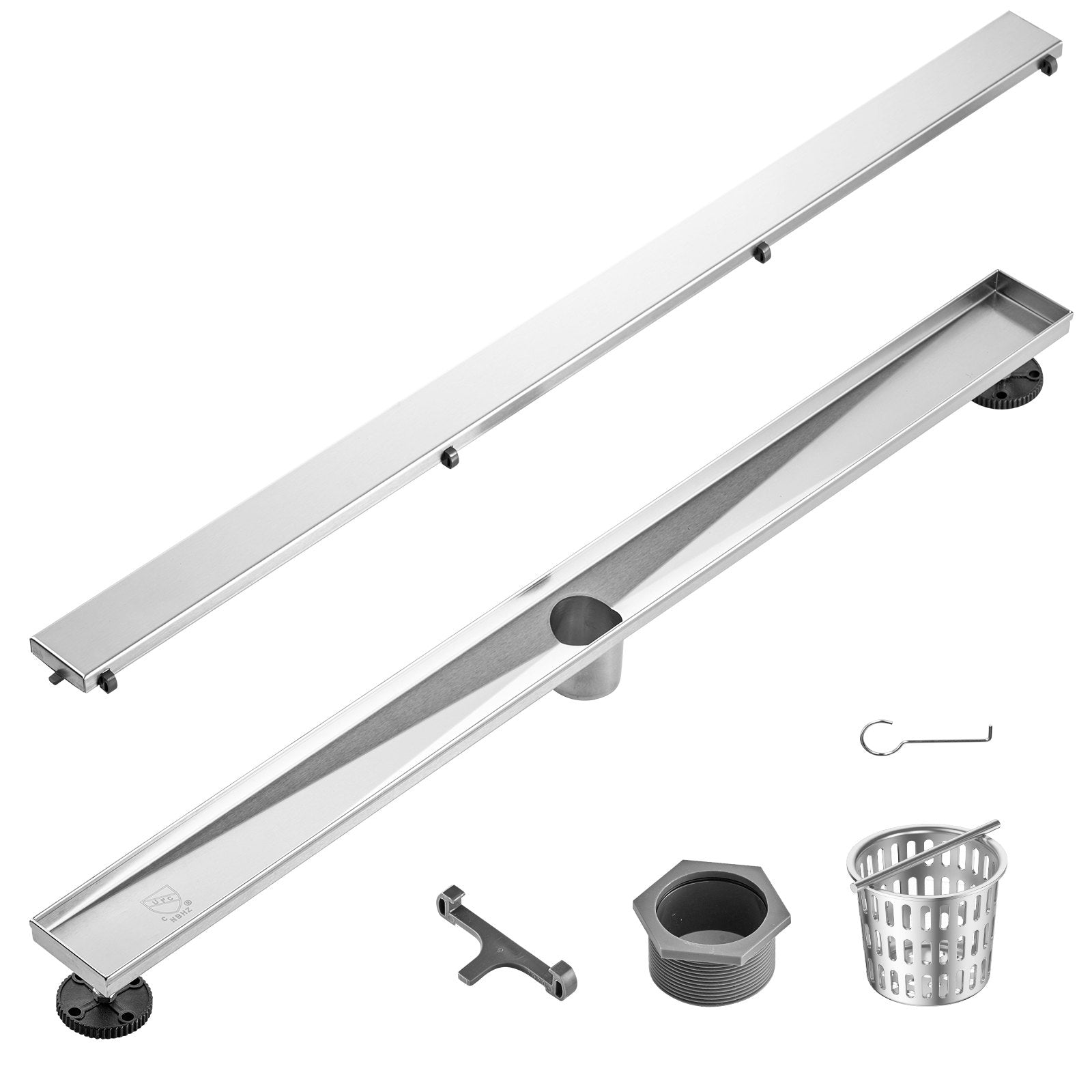 VEVOR 36Inch Linear Shower Drain Offset with Tile Insert Cover,Brushed 304 Stainless Steel Rectangle Shower Floor Drain,Linear Drain with Leveling Feet,Hair Strainer Silver 