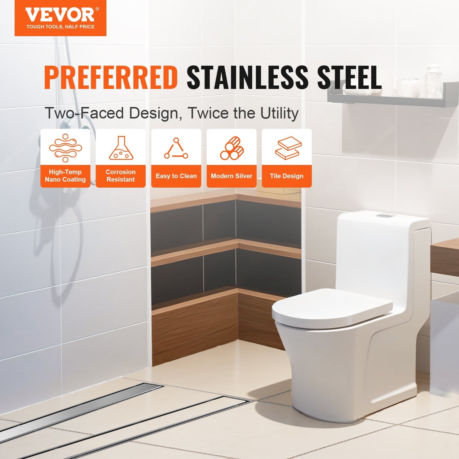 VEVOR 24Inch Linear Shower Drain Offset with Tile Insert Cover,Brushed 304 Stainless Steel Rectangle Shower Floor Drain,Linear Drain with Leveling Feet,Hair Strainer Silver 