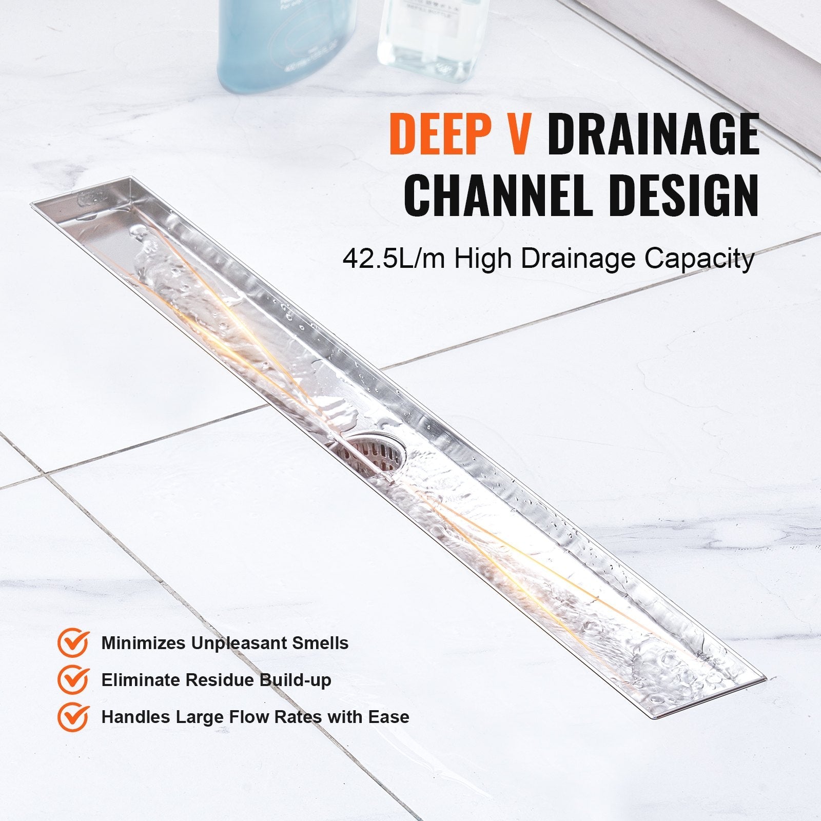 VEVOR 24Inch Linear Shower Drain Offset with Tile Insert Cover,Brushed 304 Stainless Steel Rectangle Shower Floor Drain,Linear Drain with Leveling Feet,Hair Strainer Silver 