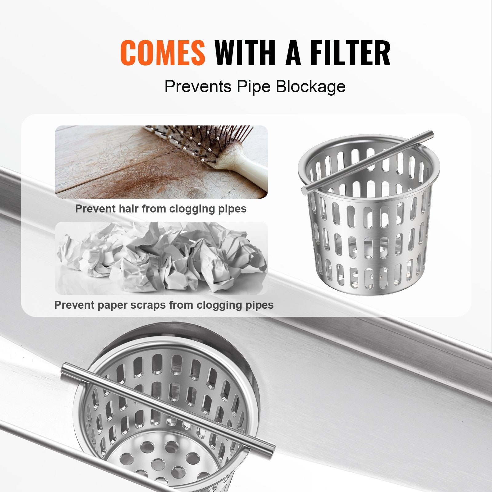 VEVOR 24Inch Linear Shower Drain Offset with Tile Insert Cover,Brushed 304 Stainless Steel Rectangle Shower Floor Drain,Linear Drain with Leveling Feet,Hair Strainer Silver 