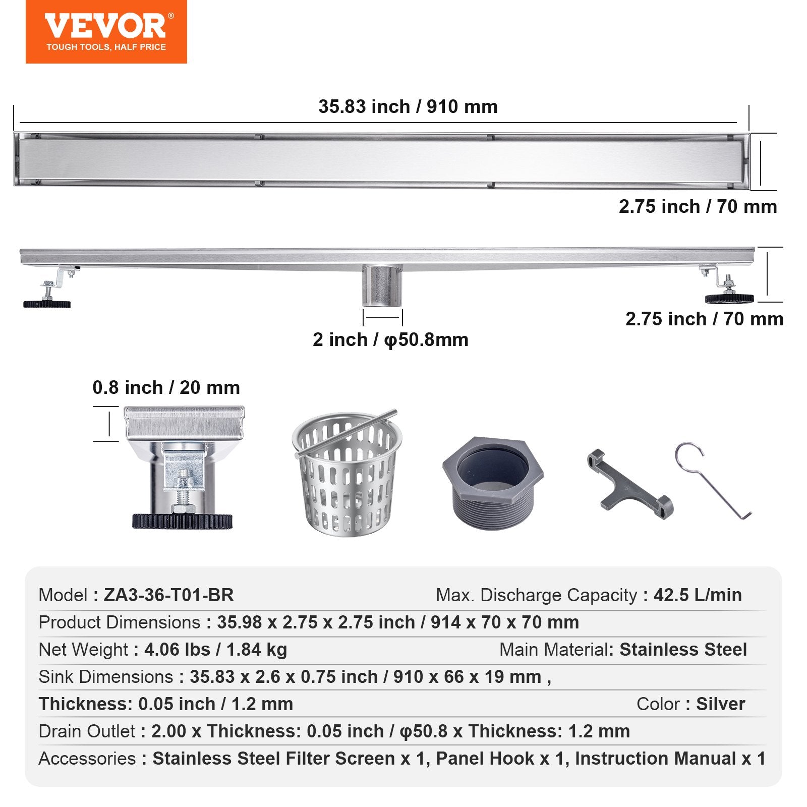 VEVOR 24Inch Linear Shower Drain Offset with Tile Insert Cover,Brushed 304 Stainless Steel Rectangle Shower Floor Drain,Linear Drain with Leveling Feet,Hair Strainer Silver 