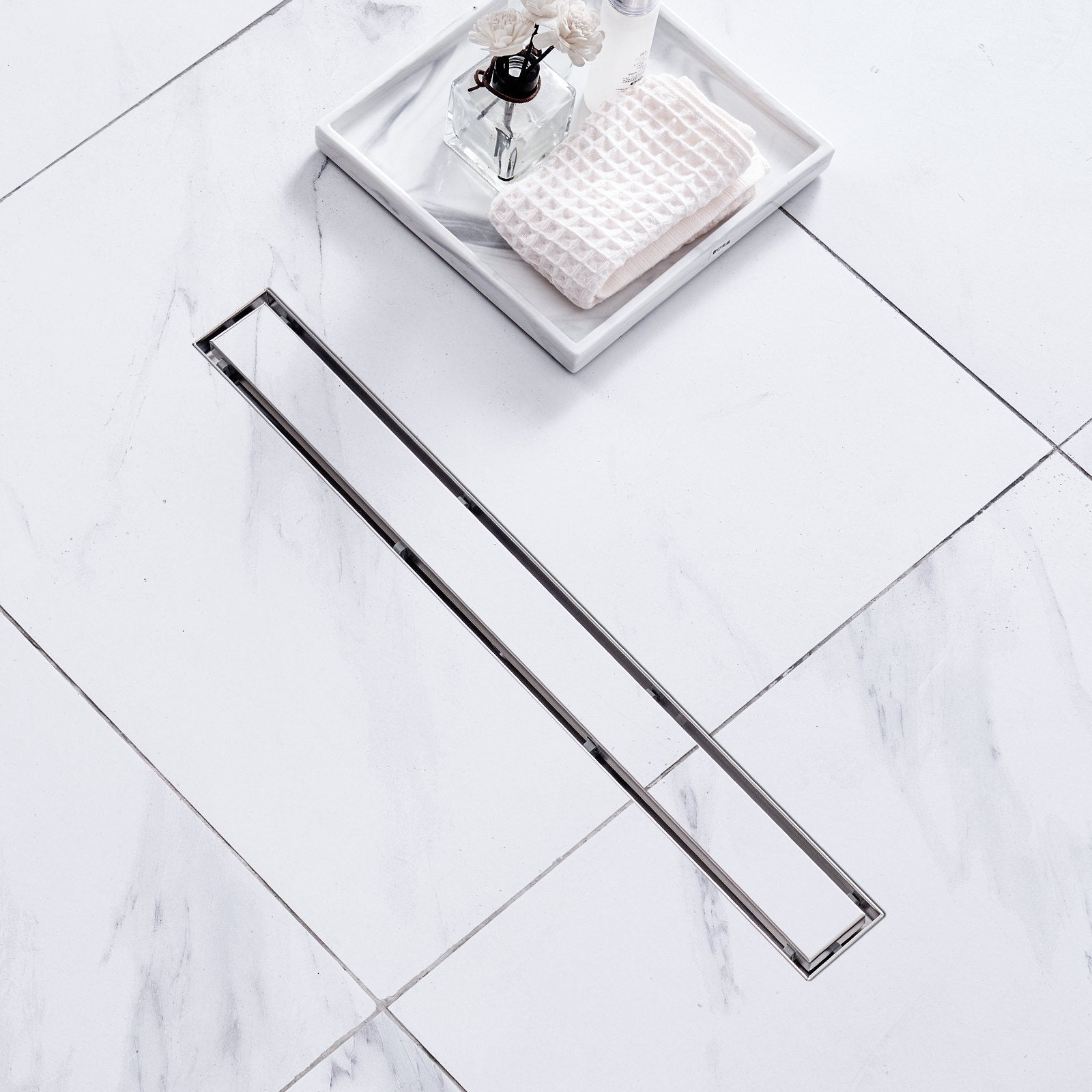 VEVOR 24Inch Linear Shower Drain Offset with Tile Insert Cover,Brushed 304 Stainless Steel Rectangle Shower Floor Drain,Linear Drain with Leveling Feet,Hair Strainer Silver 