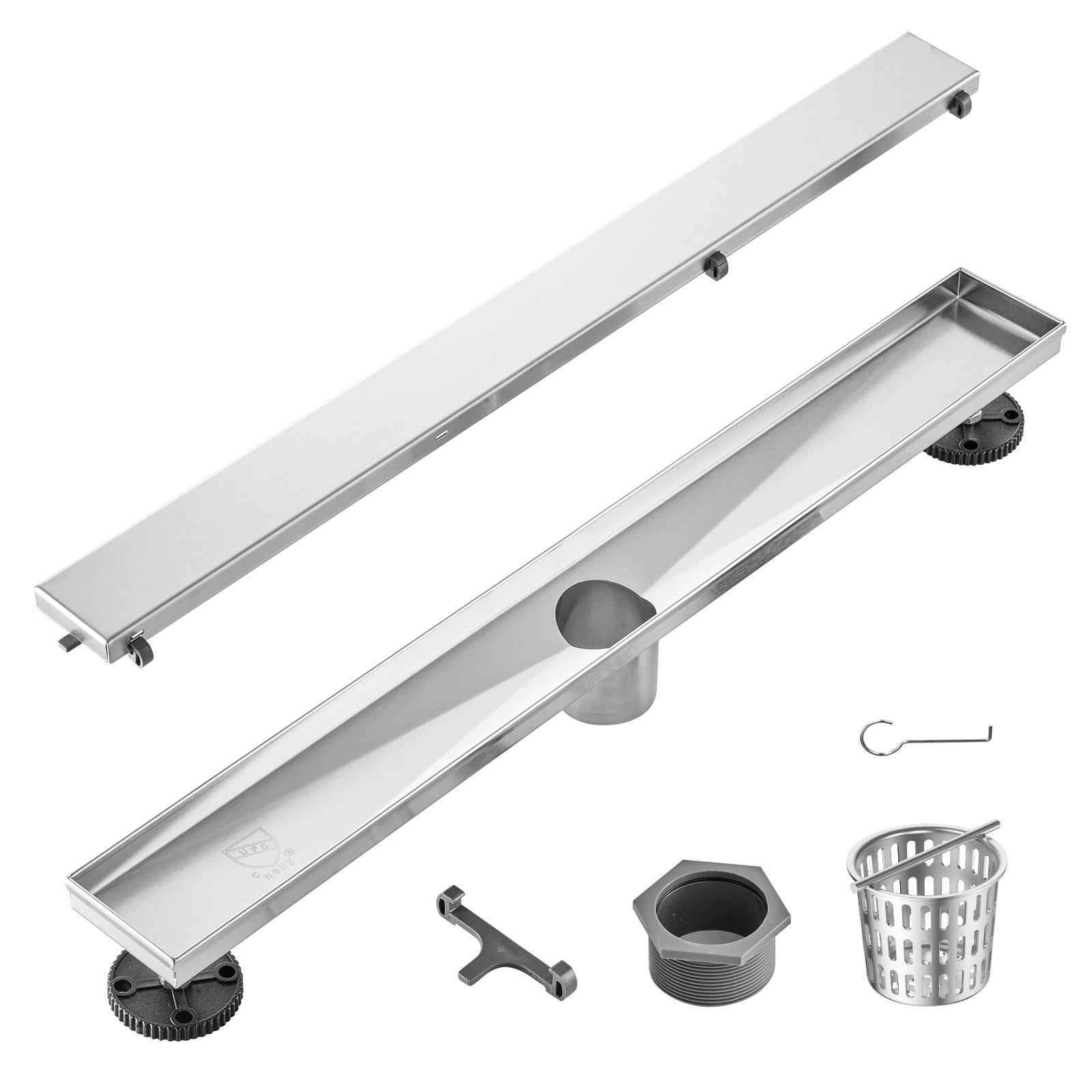VEVOR 24Inch Linear Shower Drain Offset with Tile Insert Cover,Brushed 304 Stainless Steel Rectangle Shower Floor Drain,Linear Drain with Leveling Feet,Hair Strainer Silver 