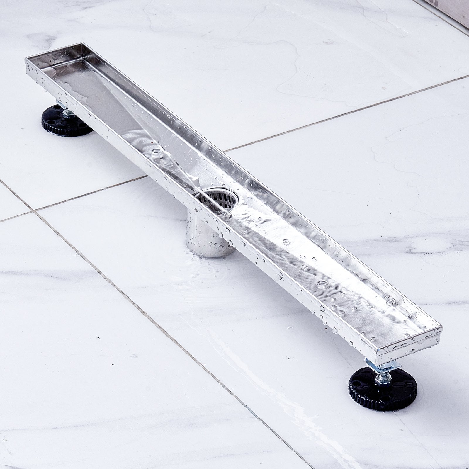VEVOR 24Inch Linear Shower Drain Offset with Tile Insert Cover,Brushed 304 Stainless Steel Rectangle Shower Floor Drain,Linear Drain with Leveling Feet,Hair Strainer Silver 