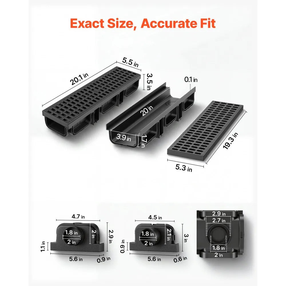 Trench Drain 12-Pack Linear Drainage Channel System with Grates & End Caps | HDPE Outdoor Drain for Driveways, Patios, Pools & Gardens