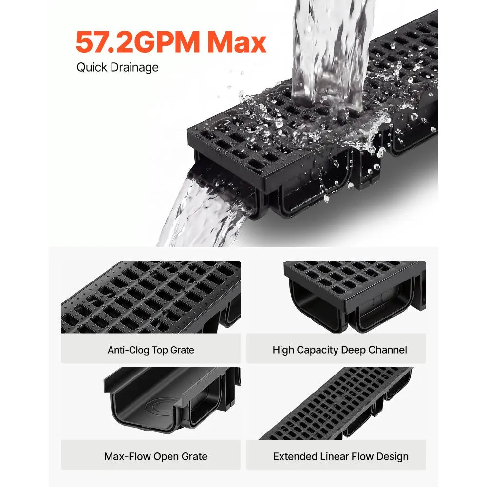 Trench Drain 12-Pack Linear Drainage Channel System with Grates & End Caps | HDPE Outdoor Drain for Driveways, Patios, Pools & Gardens